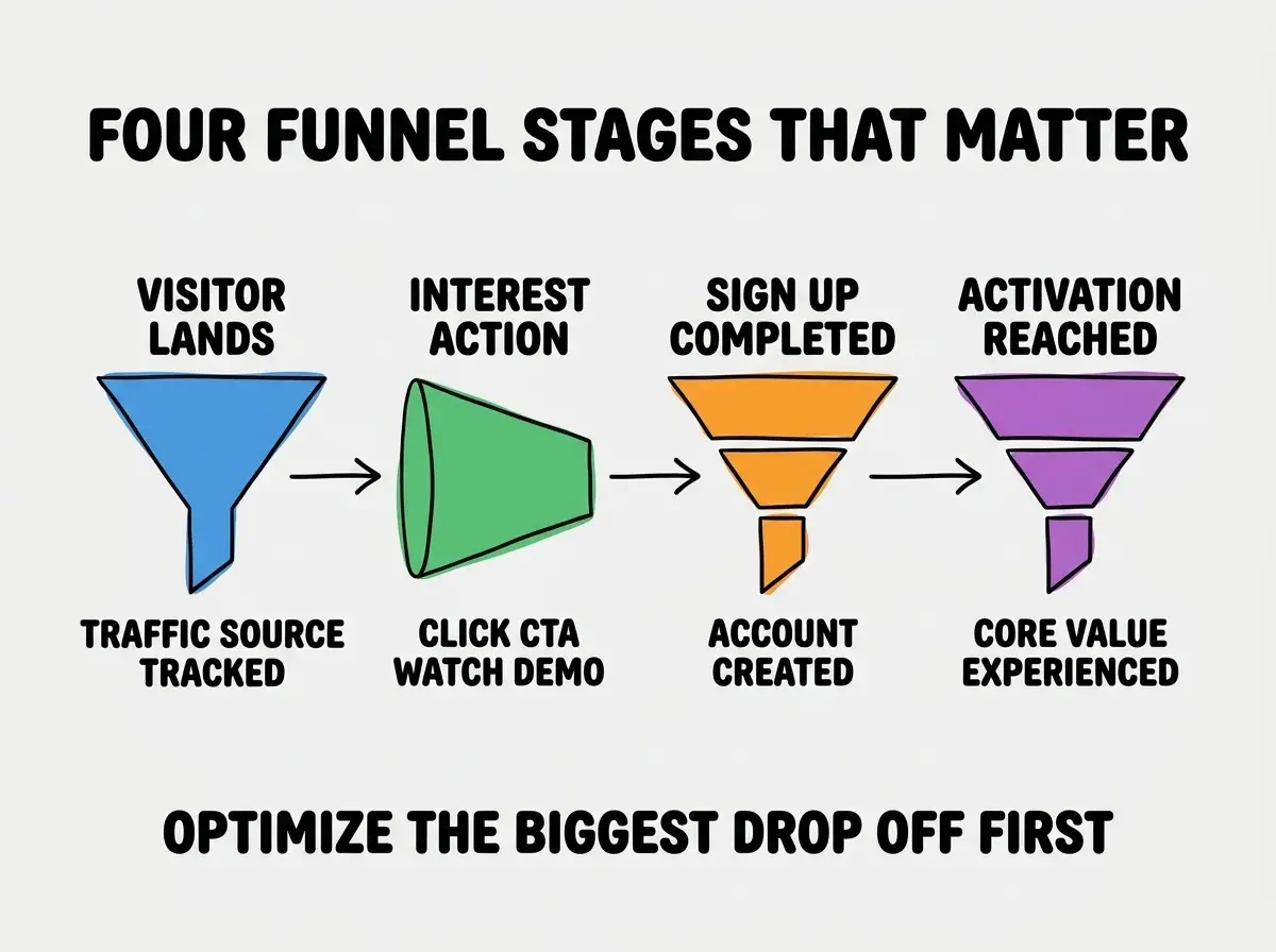 EXPLAINER DIAGRAM titled FOUR FUNNEL STAGES THAT MATTER shown as a horizontal four-stage pipeline on a slate background. Stage 1 colored blue VISITOR LANDS sublabel TRAFFIC SOURCE TRACKED. Stage 2 colored green INTEREST ACTION sublabel CLICK CTA WATCH DEMO. Stage 3 colored orange SIGN UP COMPLETED sublabel ACCOUNT CREATED. Stage 4 colored purple ACTIVATION REACHED sublabel CORE VALUE EXPERIENCED. Footer reads OPTIMIZE THE BIGGEST DROP OFF FIRST.