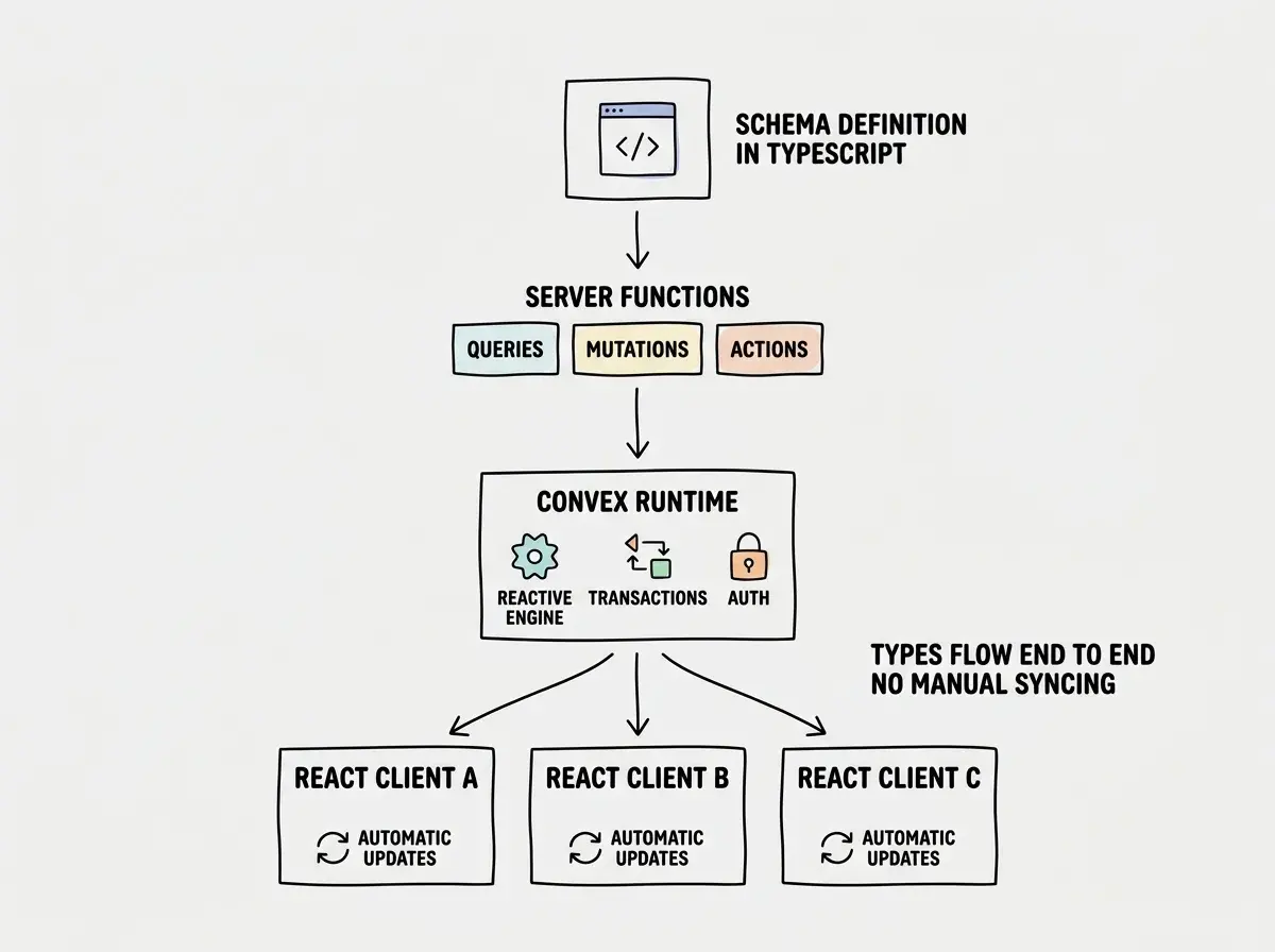 EXPLAINER DIAGRAM: A vertical flow diagram on white background showing data flow in a Convex application. At the top, a box labeled SCHEMA DEFINITION IN TYPESCRIPT with a code snippet icon. An arrow points down to SERVER FUNCTIONS labeled QUERIES, MUTATIONS, ACTIONS, each in its own small box arranged horizontally. Another arrow points down to a box labeled CONVEX RUNTIME with icons for REACTIVE ENGINE, TRANSACTIONS, and AUTH inside it. From the runtime box, multiple arrows fan out downward to three boxes representing REACT CLIENT A, REACT CLIENT B, and REACT CLIENT C. Each client box has a small refresh icon with a label AUTOMATIC UPDATES. A side annotation reads TYPES FLOW END TO END and NO MANUAL SYNCING.