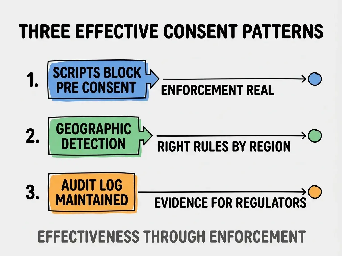 Clean modern flat infographic on light gray background. Top title bold black: THREE EFFECTIVE CONSENT PATTERNS. Single vertical numbered list with three rows. Row 1 blue badge SCRIPTS BLOCK PRE CONSENT with subtitle ENFORCEMENT REAL. Row 2 green badge GEOGRAPHIC DETECTION with subtitle RIGHT RULES BY REGION. Row 3 orange badge AUDIT LOG MAINTAINED with subtitle EVIDENCE FOR REGULATORS. Footer text dark gray: EFFECTIVENESS THROUGH ENFORCEMENT. Each label appears exactly once. No duplicated text.