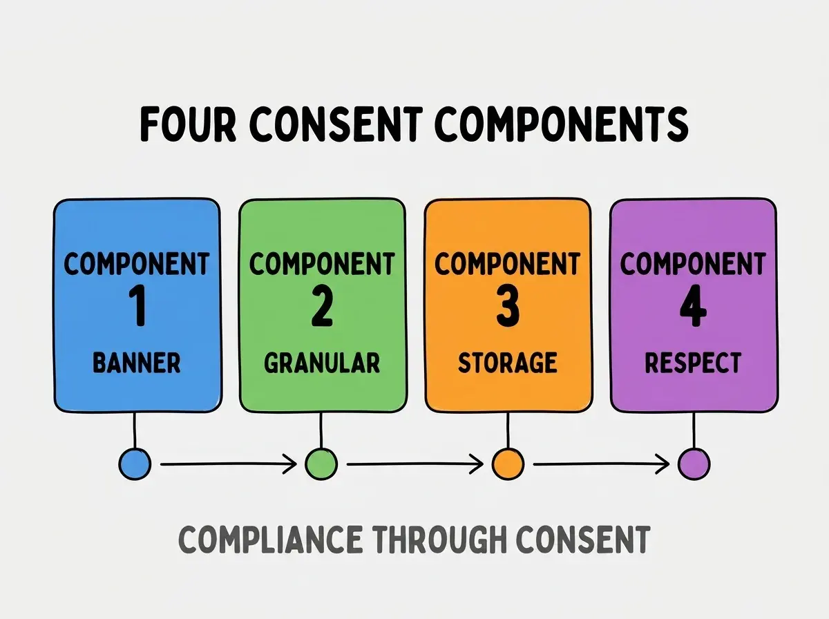 Clean modern flat infographic on light gray background. Top center bold black title text: FOUR CONSENT COMPONENTS. Below title, four equal sized colored rounded rectangle cards arranged horizontally. Card 1 blue: large bold text COMPONENT 1 then smaller text BANNER. Card 2 green: large bold text COMPONENT 2 then smaller text GRANULAR. Card 3 orange: large bold text COMPONENT 3 then smaller text STORAGE. Card 4 purple: large bold text COMPONENT 4 then smaller text RESPECT. Single footer line below cards in dark gray text: COMPLIANCE THROUGH CONSENT. Nothing else on canvas. No text outside cards or below cards.