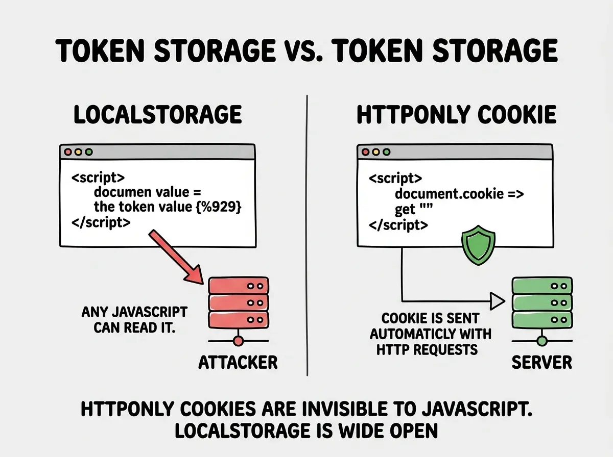 EXPLAINER DIAGRAM: A two-column comparison. Left column labeled LOCALSTORAGE shows a browser window with a script tag reading the token value, a red arrow pointing to an external server labeled ATTACKER with text ANY JAVASCRIPT CAN READ IT. Right column labeled HTTPONLY COOKIE shows a browser window with a script tag attempting document.cookie but getting an empty result, a green shield icon blocking access, and a separate arrow showing the cookie being sent automatically with HTTP requests to the legitimate server. Footer text reads HTTPONLY COOKIES ARE INVISIBLE TO JAVASCRIPT. LOCALSTORAGE IS WIDE OPEN.