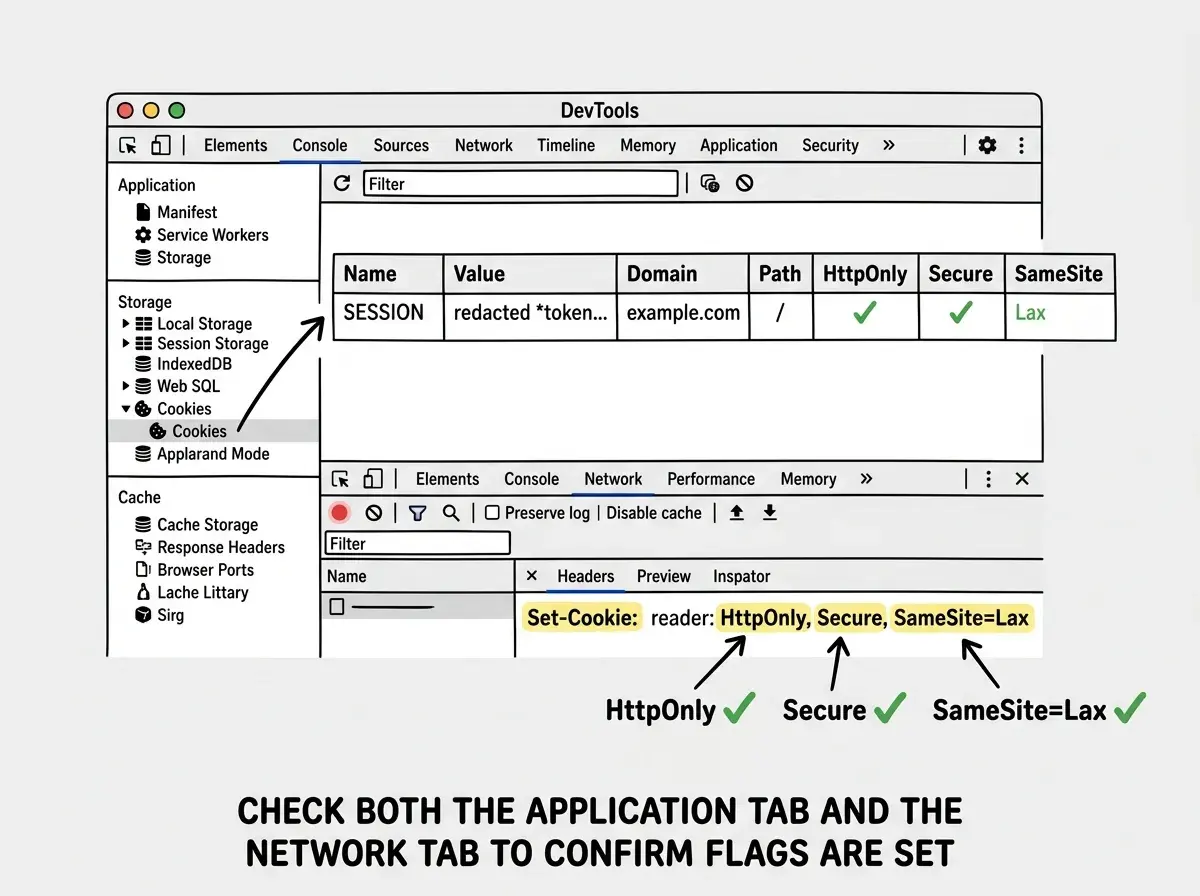 EXPLAINER DIAGRAM: A stylized browser DevTools window showing the Application tab with Cookies expanded. A table shows one row with columns: Name showing SESSION, Value showing a redacted token, Domain showing example.com, Path showing forward slash, HttpOnly showing a green checkmark, Secure showing a green checkmark, SameSite showing Lax in green text. Below, a second panel shows the Network tab with a Set-Cookie response header highlighted, with arrows pointing to each flag in the header string: HttpOnly, Secure, and SameSite=Lax, each with a green check beside them. Footer text reads CHECK BOTH THE APPLICATION TAB AND THE NETWORK TAB TO CONFIRM FLAGS ARE SET.