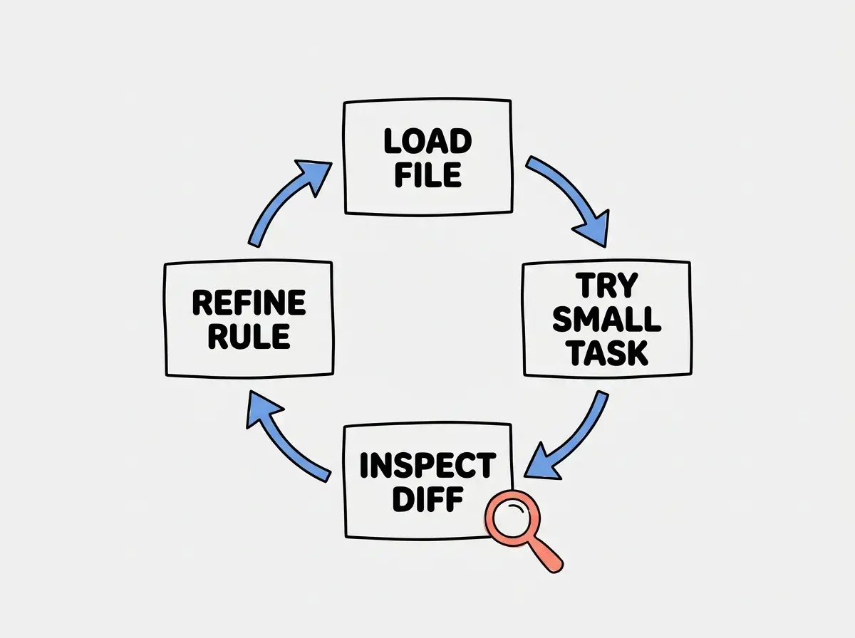 EXPLAINER DIAGRAM: Four boxes arranged as a loop labeled LOAD FILE, TRY SMALL TASK, INSPECT DIFF, and REFINE RULE. Blue arrows connect the boxes clockwise. A coral magnifying glass icon sits beside INSPECT DIFF.