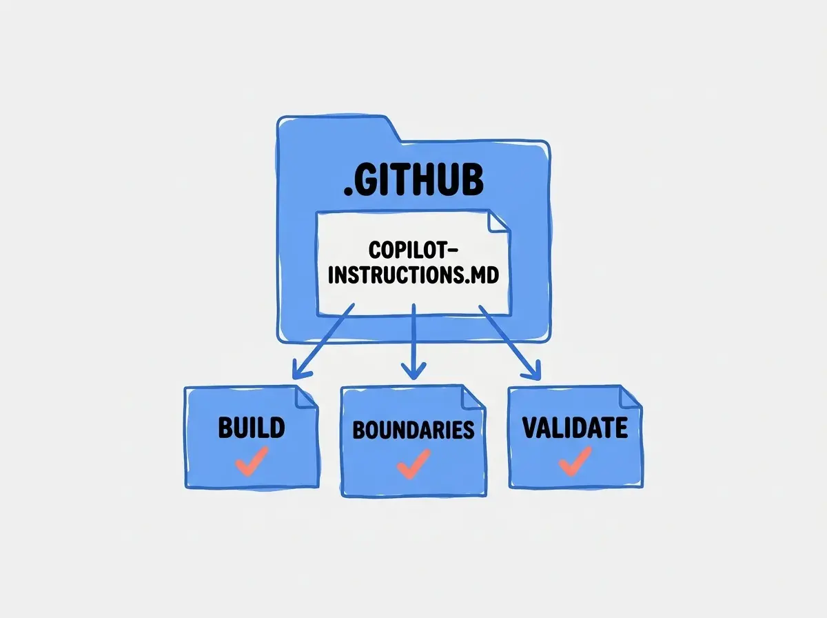 EXPLAINER DIAGRAM: A folder labeled .GITHUB contains a page labeled COPILOT-INSTRUCTIONS.MD. Three blue arrows lead from the page to cards labeled BUILD, BOUNDARIES, and VALIDATE. A small coral checkmark marks each card.