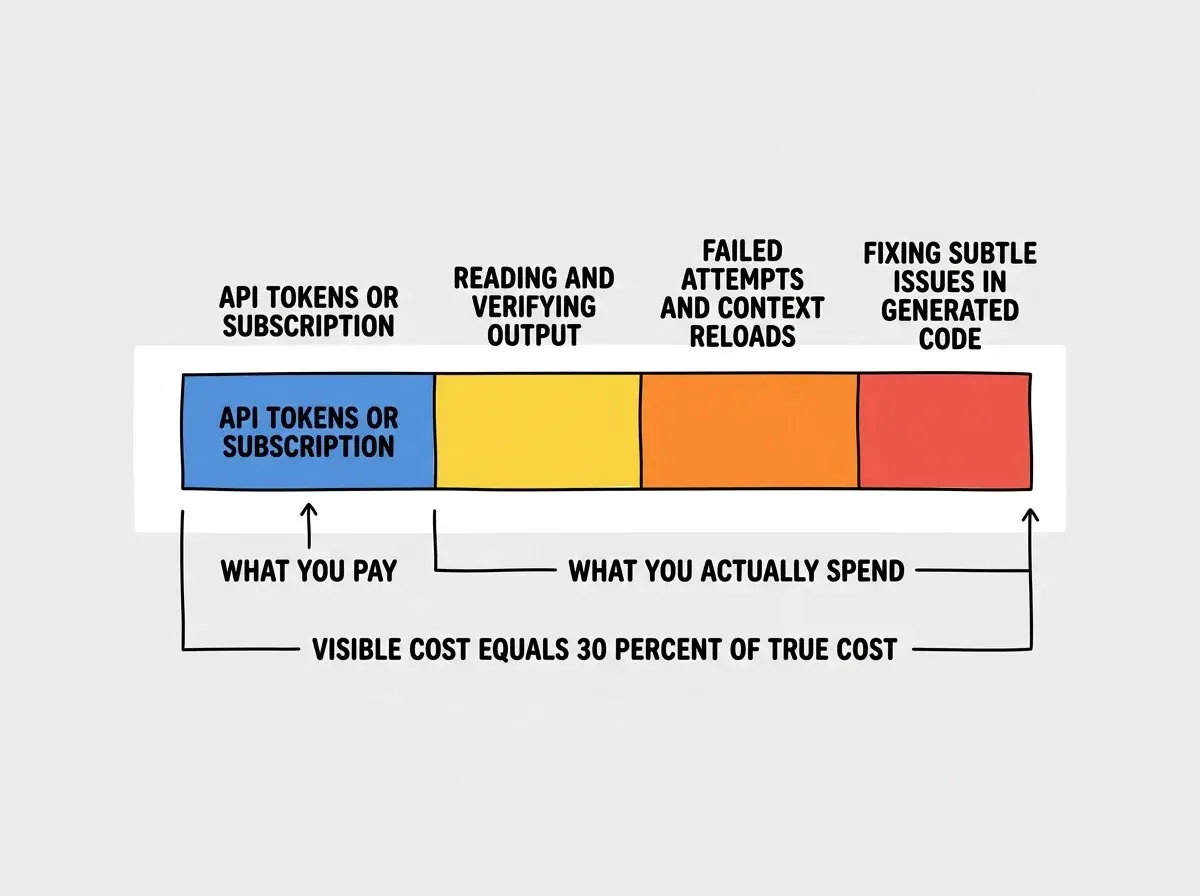 EXPLAINER DIAGRAM: A horizontal stacked bar chart on white background showing the TRUE COST breakdown of an autonomous agent task. The bar is divided into four colored segments from left to right: VISIBLE COST in blue (labeled API TOKENS OR SUBSCRIPTION showing roughly 30 percent of total), REVIEW TIME in yellow (labeled READING AND VERIFYING OUTPUT showing roughly 25 percent), RERUNS in orange (labeled FAILED ATTEMPTS AND CONTEXT RELOADS showing roughly 25 percent), and DEBUGGING in red (labeled FIXING SUBTLE ISSUES IN GENERATED CODE showing roughly 20 percent). Below the bar, a caption reads WHAT YOU PAY pointing to the blue segment, and WHAT YOU ACTUALLY SPEND pointing to the entire bar. A comparison line below shows VISIBLE COST EQUALS 30 PERCENT OF TRUE COST.