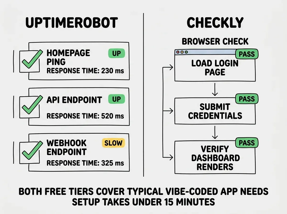 EXPLAINER DIAGRAM: A two-column layout comparing free monitoring tools. The left column labeled UptimeRobot shows three stacked checks: Homepage ping with green UP status, API endpoint with green UP status, and Webhook endpoint with yellow SLOW status, each showing response times in milliseconds. The right column labeled Checkly shows a browser check flow with three sequential steps: Load login page, Submit credentials, and Verify dashboard renders, each with a pass indicator. A shared footer reads Both free tiers cover typical vibe-coded app needs and setup takes under 15 minutes.