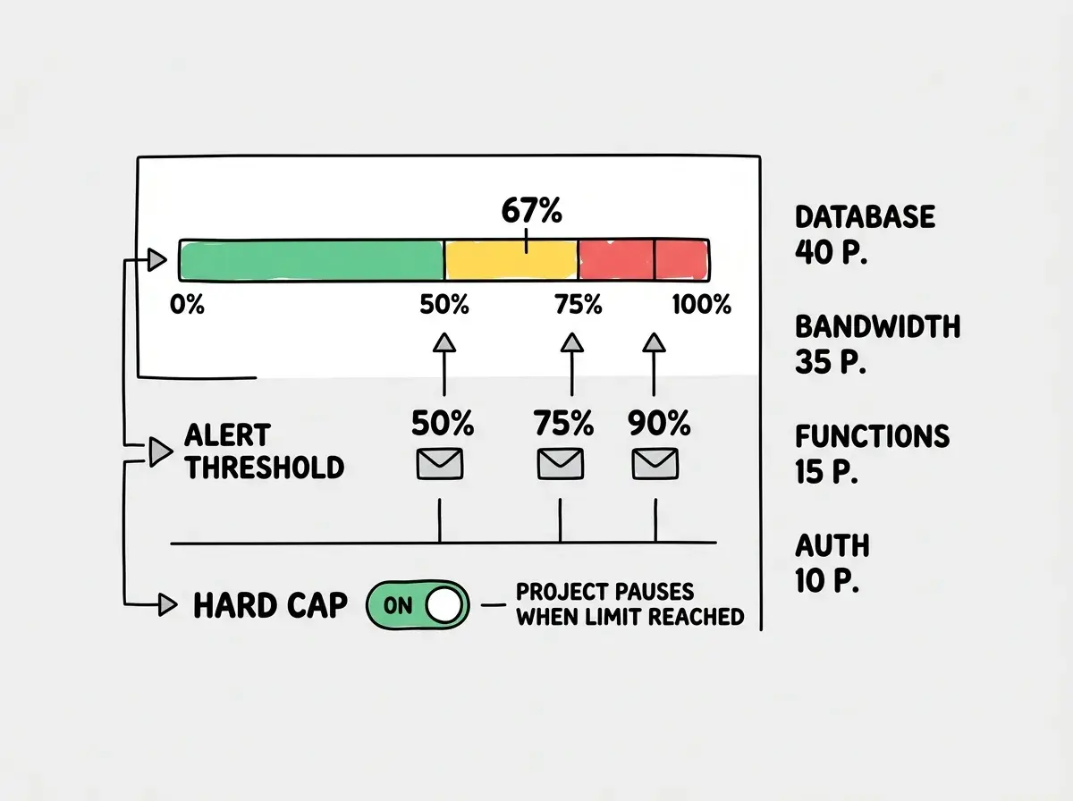 EXPLAINER DIAGRAM: A dashboard mockup showing a Supabase spending control panel. The top section displays a horizontal progress bar at 67 percent usage, colored green from 0 to 50 percent, yellow from 50 to 75 percent, and red from 75 to 100 percent. Below the bar, three alert threshold markers are positioned at 50 percent, 75 percent, and 90 percent, each with an email icon. A toggle switch at the bottom labeled HARD CAP is set to ON with a note reading Project pauses when limit reached. The right side shows a breakdown: Database 40 percent, Bandwidth 35 percent, Functions 15 percent, Auth 10 percent.