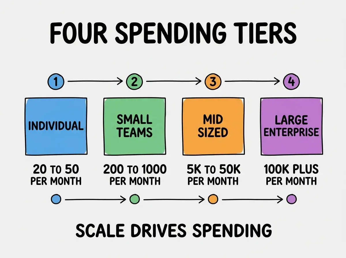 EXPLAINER DIAGRAM titled FOUR SPENDING TIERS shown as a horizontal four-column chart on a slate background. Column 1 colored blue INDIVIDUAL label 20 TO 50 PER MONTH. Column 2 colored green SMALL TEAMS label 200 TO 1000 PER MONTH. Column 3 colored orange MID SIZED label 5K TO 50K PER MONTH. Column 4 colored purple LARGE ENTERPRISE label 100K PLUS PER MONTH. Footer reads SCALE DRIVES SPENDING. CRITICAL: each label appears only ONCE.