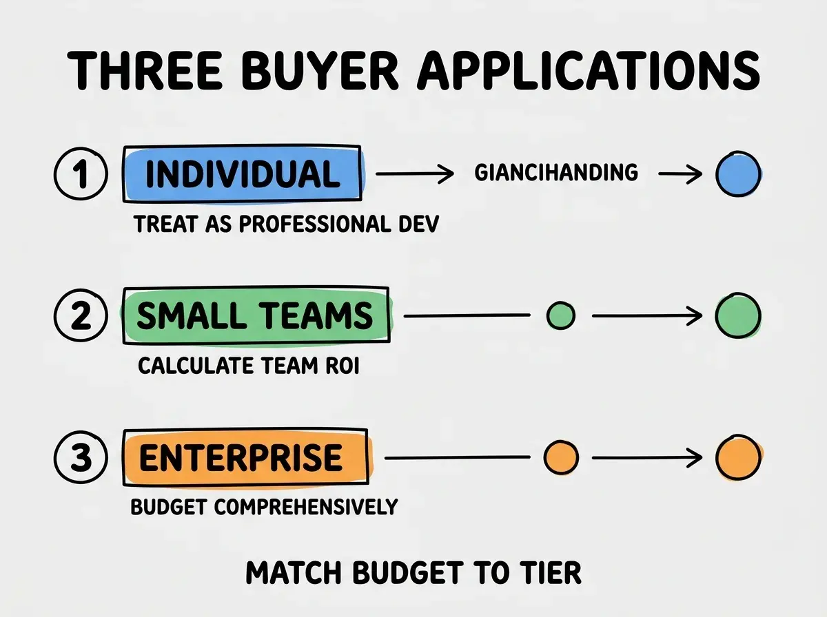 EXPLAINER DIAGRAM titled THREE BUYER APPLICATIONS shown as a vertical numbered list on a slate background. Three rows. Row 1 blue badge INDIVIDUAL sublabel TREAT AS PROFESSIONAL DEV. Row 2 green badge SMALL TEAMS sublabel CALCULATE TEAM ROI. Row 3 orange badge ENTERPRISE sublabel BUDGET COMPREHENSIVELY. Footer reads MATCH BUDGET TO TIER. CRITICAL: each label appears only ONCE.