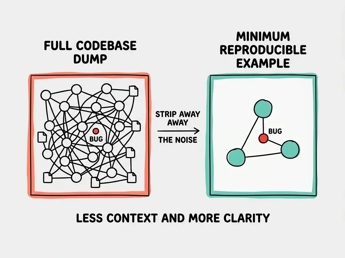 EXPLAINER DIAGRAM: Two side-by-side boxes comparing approaches. Left box in coral labeled FULL CODEBASE DUMP shows a tangled web of interconnected nodes representing many files, with a small red dot labeled BUG hidden in the middle. Right box in teal labeled MINIMUM REPRODUCIBLE EXAMPLE shows only three connected nodes with the red BUG dot clearly visible between them. An arrow between the boxes points right with the label STRIP AWAY THE NOISE. Below both boxes a caption reads LESS CONTEXT AND MORE CLARITY. Light gray background.