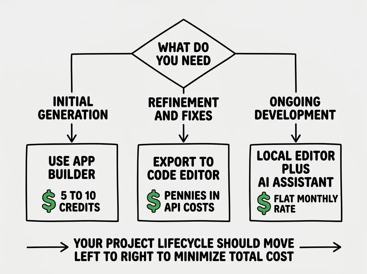 EXPLAINER DIAGRAM: A decision flowchart with a diamond at the top labeled WHAT DO YOU NEED. Three branches extend downward. The left branch labeled INITIAL GENERATION leads to a box that says Use App Builder with a green dollar sign showing 5 to 10 credits. The middle branch labeled REFINEMENT AND FIXES leads to a box that says Export to Code Editor with a green dollar sign showing pennies in API costs. The right branch labeled ONGOING DEVELOPMENT leads to a box that says Local Editor plus AI Assistant with a green dollar sign showing flat monthly rate. Below all three boxes a horizontal arrow points right with the text Your project lifecycle should move left to right to minimize total cost.