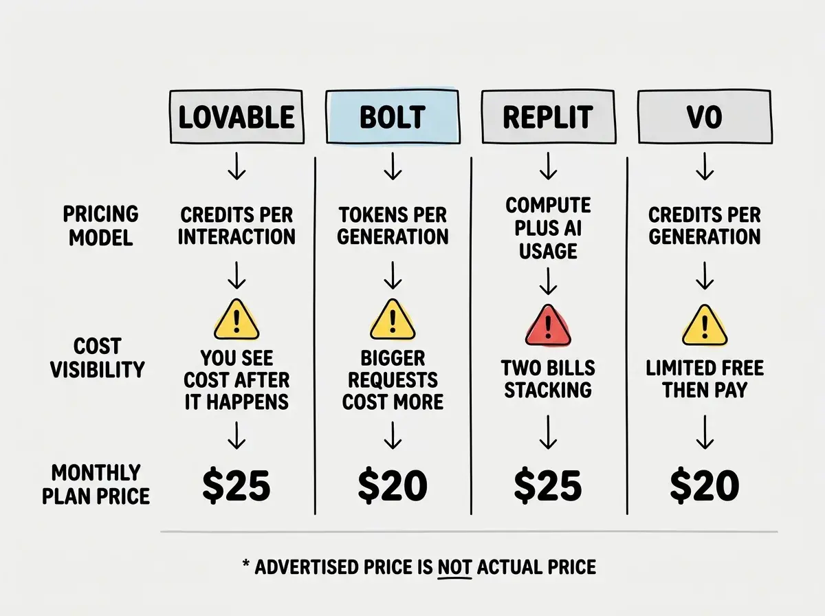 EXPLAINER DIAGRAM: A comparison grid with four columns, one for each platform. Column headers are LOVABLE, BOLT, REPLIT, and V0. Each column has three rows. Row 1 labeled PRICING MODEL shows Credits per Interaction, Tokens per Generation, Compute plus AI Usage, and Credits per Generation respectively. Row 2 labeled COST VISIBILITY shows a yellow warning icon with the text You See Cost After It Happens for Lovable, a yellow warning icon with Bigger Requests Cost More for Bolt, a red alert icon with Two Bills Stacking for Replit, and a yellow warning icon with Limited Free Then Pay for v0. Row 3 labeled MONTHLY PLAN PRICE shows $25 for Lovable, $20 for Bolt, $25 for Replit, and $20 for v0. Below the grid a footnote reads Advertised price is not actual price.