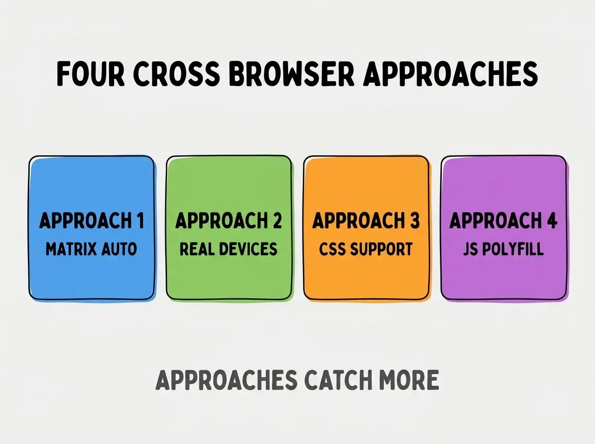 Clean modern flat infographic on light gray background. Top center bold black title text: FOUR CROSS BROWSER APPROACHES. Below title, four equal sized colored rounded rectangle cards arranged horizontally. Card 1 blue: large bold text APPROACH 1 then smaller text MATRIX AUTO. Card 2 green: large bold text APPROACH 2 then smaller text REAL DEVICES. Card 3 orange: large bold text APPROACH 3 then smaller text CSS SUPPORT. Card 4 purple: large bold text APPROACH 4 then smaller text JS POLYFILL. Single footer line below cards in dark gray text: APPROACHES CATCH MORE. Nothing else on canvas. No text outside cards or below cards.