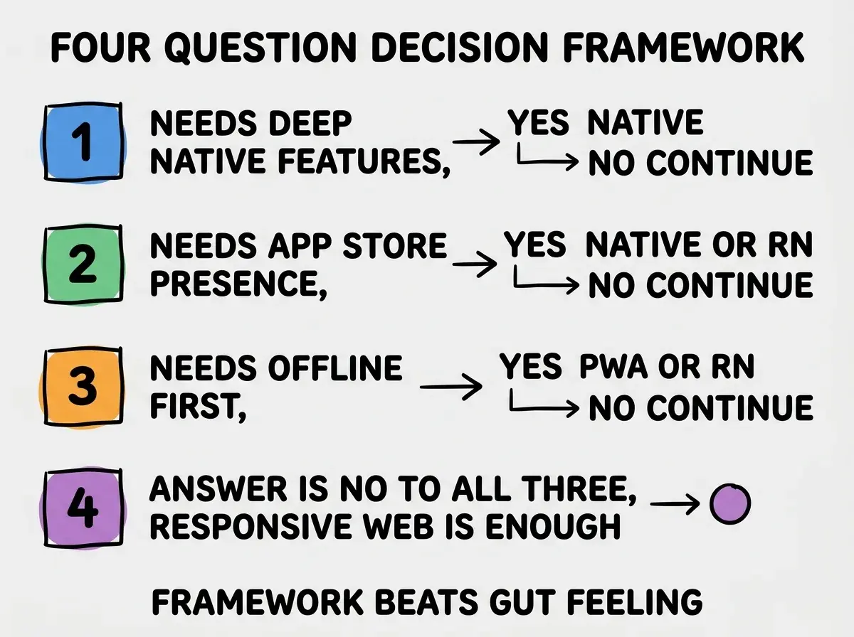 EXPLAINER DIAGRAM titled FOUR QUESTION DECISION FRAMEWORK shown as a vertical numbered list on a slate background. Four rows. Row 1 blue badge 1 NEEDS DEEP NATIVE FEATURES sublabel YES NATIVE NO CONTINUE. Row 2 green badge 2 NEEDS APP STORE PRESENCE sublabel YES NATIVE OR RN NO CONTINUE. Row 3 orange badge 3 NEEDS OFFLINE FIRST sublabel YES PWA OR RN NO CONTINUE. Row 4 purple badge 4 ANSWER IS NO ALL FOUR sublabel RESPONSIVE WEB IS ENOUGH. Footer reads FRAMEWORK BEATS GUT FEELING.