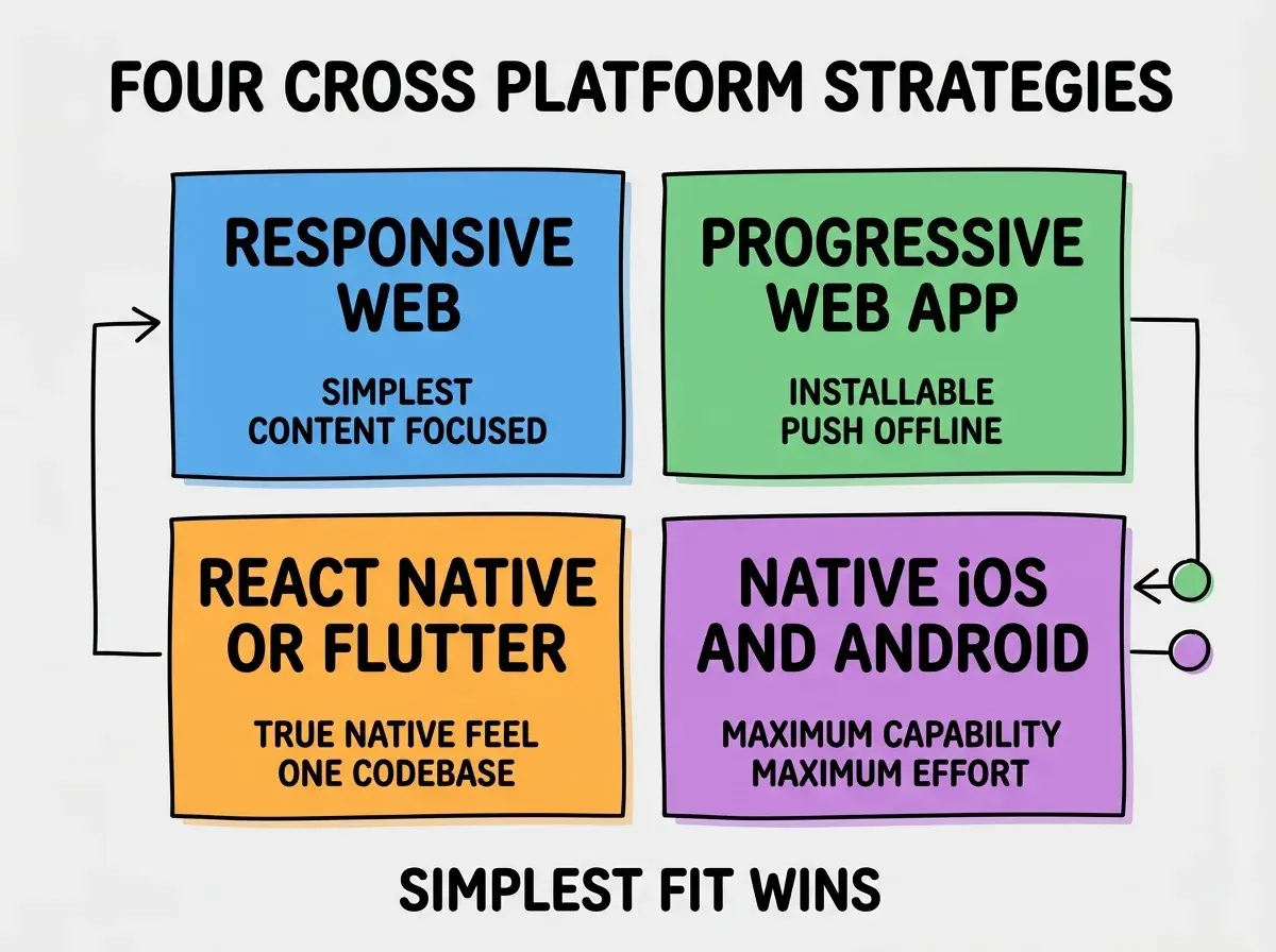 EXPLAINER DIAGRAM titled FOUR CROSS PLATFORM STRATEGIES shown as a 2x2 grid of quadrants on a slate background. Top left blue RESPONSIVE WEB sublabel SIMPLEST CONTENT FOCUSED. Top right green PROGRESSIVE WEB APP sublabel INSTALLABLE PUSH OFFLINE. Bottom left orange REACT NATIVE OR FLUTTER sublabel TRUE NATIVE FEEL ONE CODEBASE. Bottom right purple NATIVE iOS AND ANDROID sublabel MAXIMUM CAPABILITY MAXIMUM EFFORT. Center label reads PICK BY SPECIFIC NEEDS NOT TRENDS. Footer reads SIMPLEST FIT WINS.