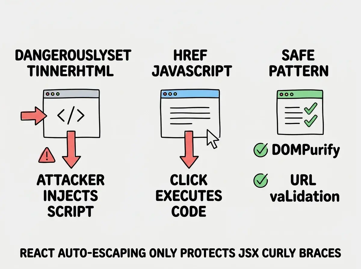 EXPLAINER DIAGRAM: A three-column comparison showing React XSS bypass methods. Column one labeled DANGEROUSLYSETINNERHTML shows a code snippet with dangerouslySetInnerHTML receiving unsanitized user HTML, with a red warning arrow pointing to ATTACKER INJECTS SCRIPT TAG. Column two labeled HREF JAVASCRIPT shows an anchor tag receiving a user-provided URL value of javascript:maliciousCode(), with a red warning arrow pointing to CLICK EXECUTES ARBITRARY CODE. Column three labeled SAFE PATTERN shows the same scenarios but with DOMPurify sanitization applied before dangerouslySetInnerHTML and URL validation requiring https:// prefix before href assignment, both marked with green checkmarks. A footer reads REACT AUTO-ESCAPING ONLY PROTECTS JSX CURLY BRACES. THESE THREE PATTERNS BYPASS IT ENTIRELY.