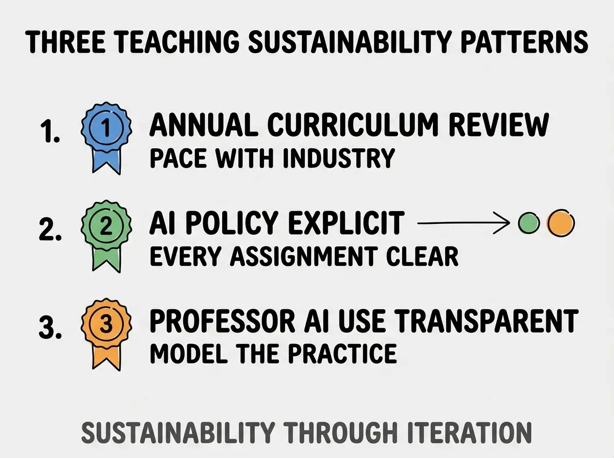 Clean modern flat infographic on light gray background. Top title bold black: THREE TEACHING SUSTAINABILITY PATTERNS. Single vertical numbered list with three rows. Row 1 blue badge ANNUAL CURRICULUM REVIEW with subtitle PACE WITH INDUSTRY. Row 2 green badge AI POLICY EXPLICIT with subtitle EVERY ASSIGNMENT CLEAR. Row 3 orange badge PROFESSOR AI USE TRANSPARENT with subtitle MODEL THE PRACTICE. Footer text dark gray: SUSTAINABILITY THROUGH ITERATION. Each label appears exactly once. No duplicated text.