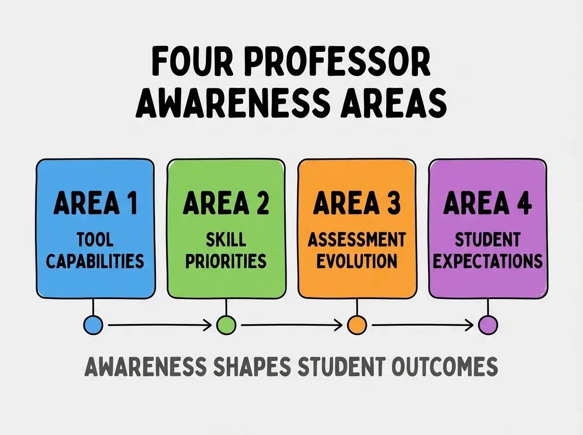 Clean modern flat infographic on light gray background. Top center bold black title text: FOUR PROFESSOR AWARENESS AREAS. Below title, four equal sized colored rounded rectangle cards arranged horizontally. Card 1 blue: large bold text AREA 1 then smaller text TOOL CAPABILITIES. Card 2 green: large bold text AREA 2 then smaller text SKILL PRIORITIES. Card 3 orange: large bold text AREA 3 then smaller text ASSESSMENT EVOLUTION. Card 4 purple: large bold text AREA 4 then smaller text STUDENT EXPECTATIONS. Single footer line below cards in dark gray text: AWARENESS SHAPES STUDENT OUTCOMES. Nothing else on canvas. No text outside cards or below cards.