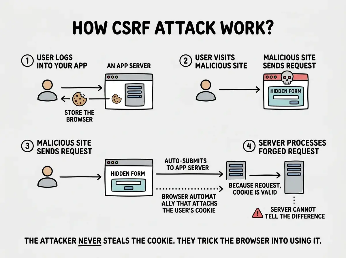 EXPLAINER DIAGRAM: A four-step sequence diagram showing how a CSRF attack works. Step 1 labeled USER LOGS INTO YOUR APP shows a person icon connecting to an app server, with a cookie icon being stored in the browser. Step 2 labeled USER VISITS MALICIOUS SITE shows the same person visiting a different site with a skull icon, which contains a hidden form. Step 3 labeled MALICIOUS SITE SENDS REQUEST shows the hidden form auto-submitting to the app server, with the browser automatically attaching the user's cookie shown as a dotted line. Step 4 labeled SERVER PROCESSES FORGED REQUEST shows the app server accepting the request because the cookie is valid, with a red warning icon and text SERVER CANNOT TELL THE DIFFERENCE. A footer reads THE ATTACKER NEVER STEALS THE COOKIE. THEY TRICK THE BROWSER INTO USING IT.