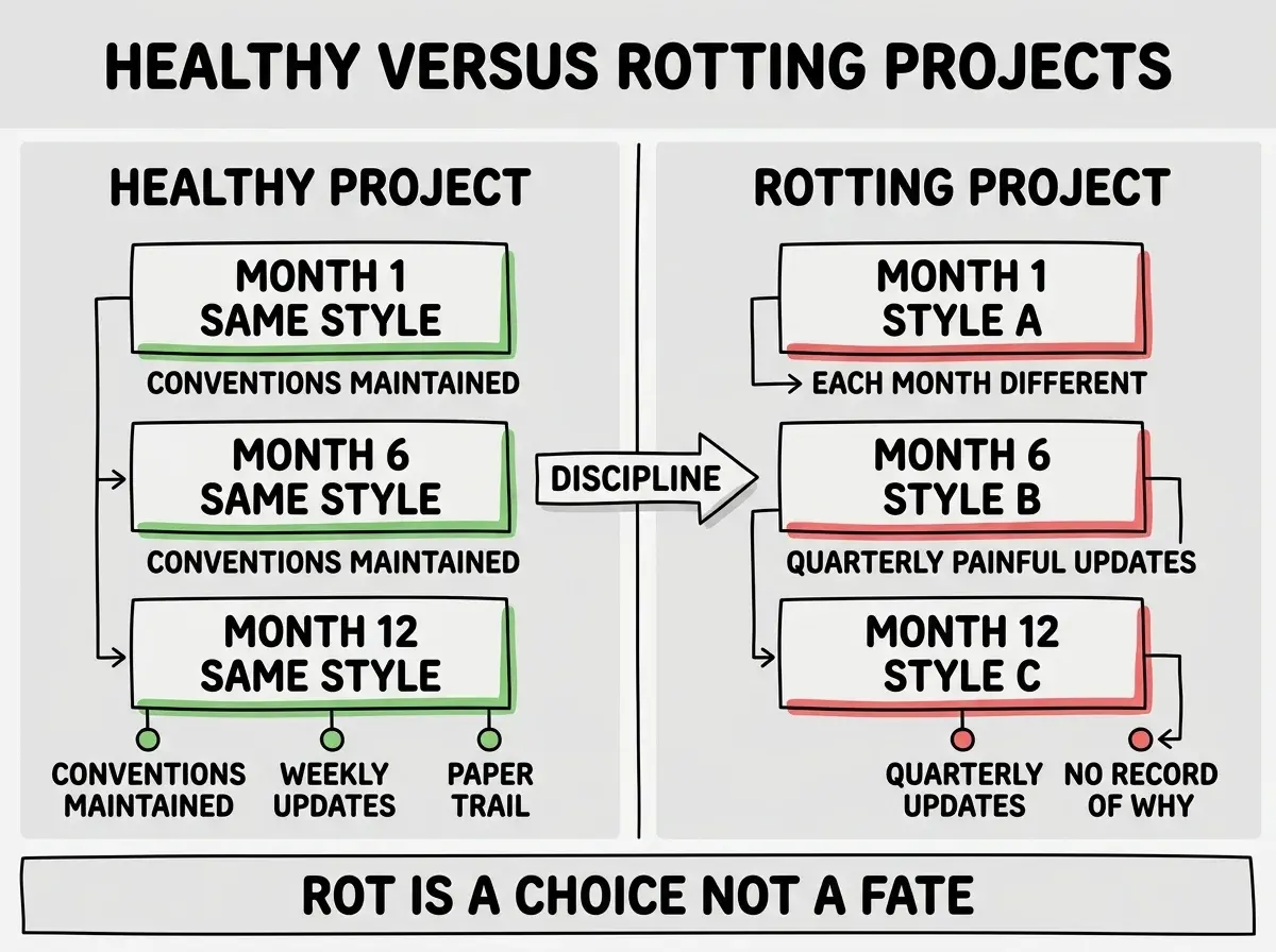 EXPLAINER DIAGRAM titled HEALTHY VERSUS ROTTING PROJECTS shown as two side by side panels on a slate background. Left panel in green labeled HEALTHY PROJECT shows three rectangles stacked, MONTH 1 SAME STYLE, MONTH 6 SAME STYLE, MONTH 12 SAME STYLE, with sublabel CONVENTIONS ACTIVELY MAINTAINED, sublabel WEEKLY UPDATES, sublabel PAPER TRAIL OF DECISIONS. Right panel in red labeled ROTTING PROJECT shows three rectangles stacked, MONTH 1 STYLE A, MONTH 6 STYLE B, MONTH 12 STYLE C, with sublabel EACH MONTH LOOKS DIFFERENT, sublabel QUARTERLY PAINFUL UPDATES, sublabel NO RECORD OF WHY. Center label reads HEALTHY PROJECTS LOOK LIKE THE SAME AUTHOR THROUGHOUT. Footer reads ROT IS A CHOICE NOT A FATE.