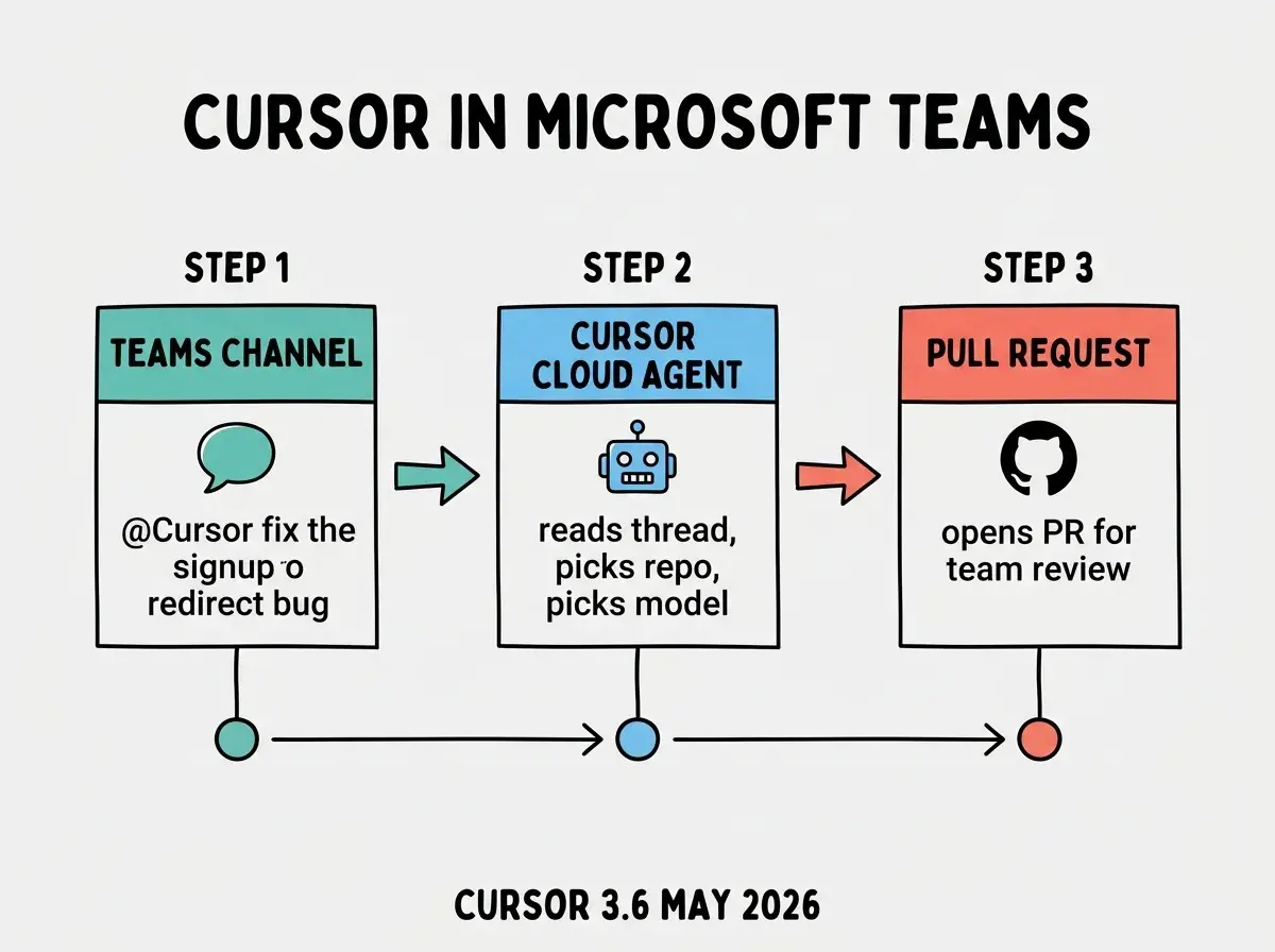 EXPLAINER DIAGRAM: Horizontal flow on light gray background showing three steps. Step 1 box in teal labeled TEAMS CHANNEL with icon of speech bubble and text '@Cursor fix the signup redirect bug'. Arrow pointing right to Step 2 box in sky blue labeled CURSOR CLOUD AGENT with icon of robot and text 'reads thread, picks repo, picks model'. Arrow pointing right to Step 3 box in coral red labeled PULL REQUEST with GitHub icon and text 'opens PR for team review'. Bold header at top reads CURSOR IN MICROSOFT TEAMS. Footer reads CURSOR 3.6 MAY 2026.