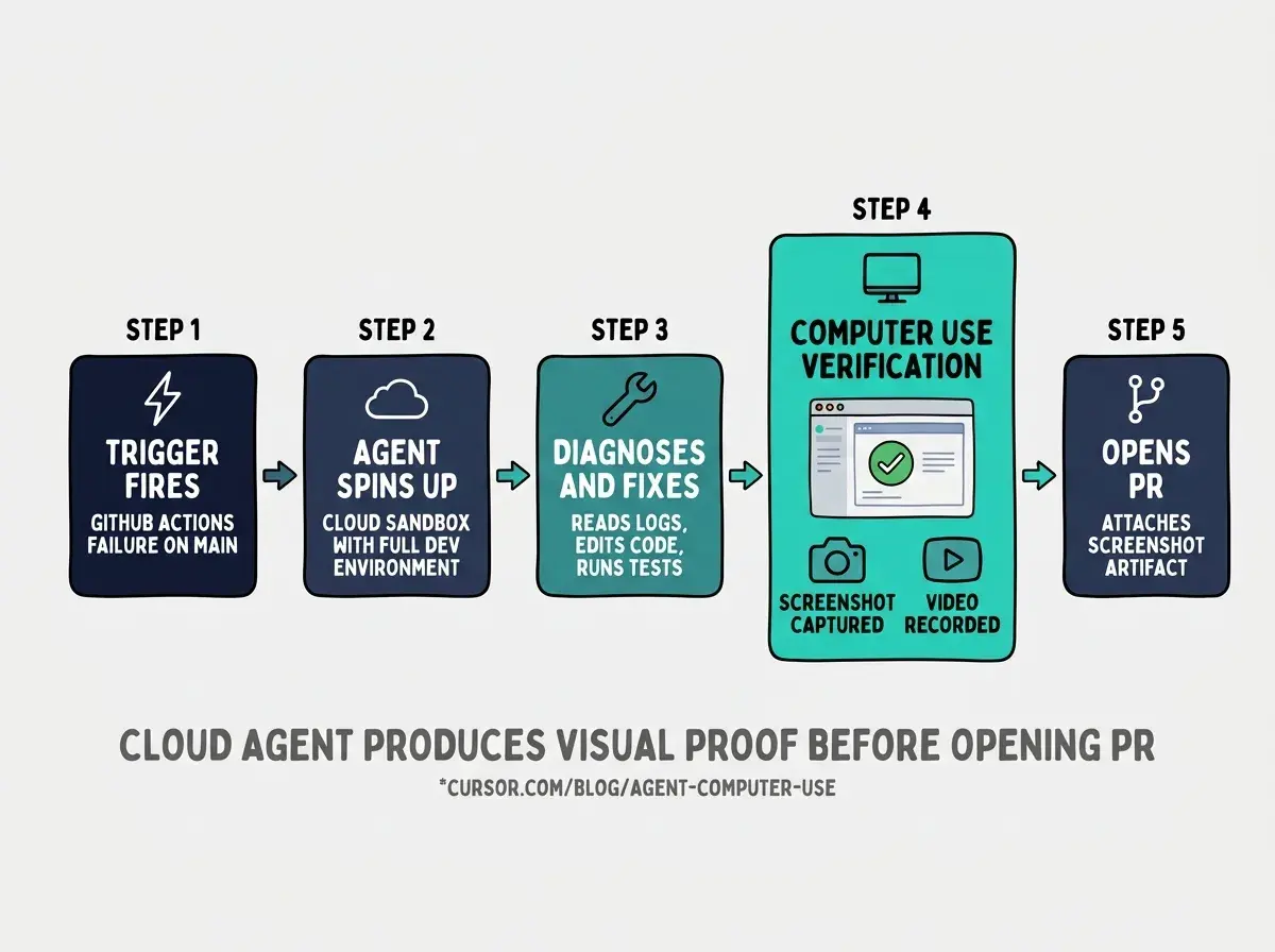 EXPLAINER DIAGRAM: Horizontal five-step workflow on a light gray background. Each step is a rounded rectangle connected by right-pointing teal arrows. Step 1 (dark navy): TRIGGER FIRES with a lightning bolt icon; example text reads GitHub Actions failure on main. Step 2 (dark navy): AGENT SPINS UP with a cloud icon; subtext reads Cloud sandbox with full dev environment. Step 3 (teal): DIAGNOSES AND FIXES with a wrench icon; subtext reads Reads logs, edits code, runs tests. Step 4 (bright teal, larger): COMPUTER USE VERIFICATION with a monitor icon; inside the box a browser window shows a green checkmark on a UI, a camera icon labeled Screenshot captured, and a play icon labeled Video recorded. Step 5 (dark navy): OPENS PR with a git-branch icon; subtext reads Attaches screenshot artifact. A bold gray label below the workflow reads CLOUD AGENT PRODUCES VISUAL PROOF BEFORE OPENING PR. Small gray footnote: cursor.com/blog/agent-computer-use.