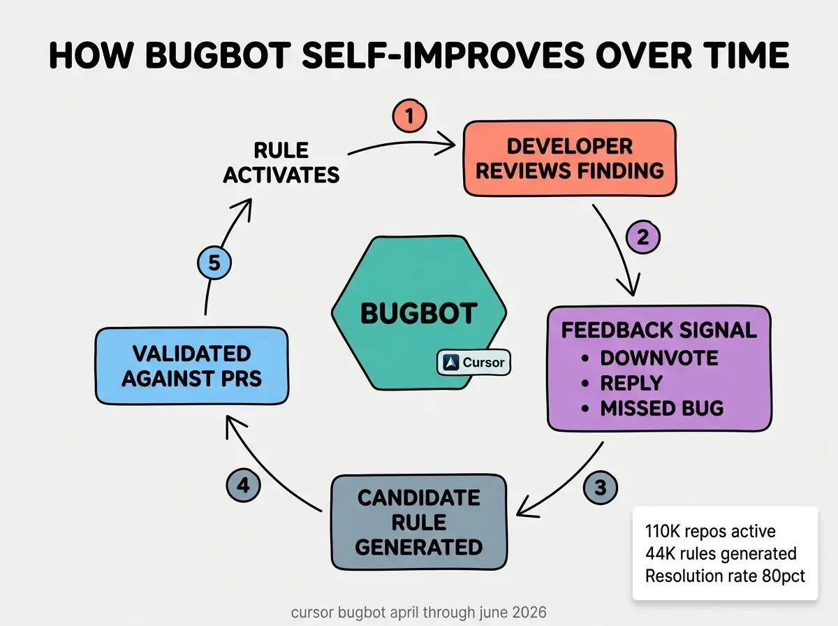 EXPLAINER DIAGRAM: Circular feedback loop diagram on a light gray background. Center has a teal hexagon labeled BUGBOT with a small Cursor logo badge in the lower right corner. Five labeled arrows form a clockwise loop around the central hexagon. Arrow 1 from the hexagon points right to a coral rounded rectangle labeled DEVELOPER REVIEWS FINDING. Arrow 2 from that rectangle points down-right to a purple rounded rectangle labeled FEEDBACK SIGNAL with three bullet points inside reading DOWNVOTE, REPLY, MISSED BUG. Arrow 3 from that rectangle points down-left to a gray-blue rounded rectangle labeled CANDIDATE RULE GENERATED. Arrow 4 from that rectangle points left to a sky blue rounded rectangle labeled VALIDATED AGAINST PRS. Arrow 5 from that rectangle points up-right back to the center hexagon labeled RULE ACTIVATES. In the lower right, a small white card reads 110K repos active, 44K rules generated, Resolution rate 80pct. Bold black header at the very top reads HOW BUGBOT SELF-IMPROVES OVER TIME. Small gray footer reads cursor bugbot april through june 2026.