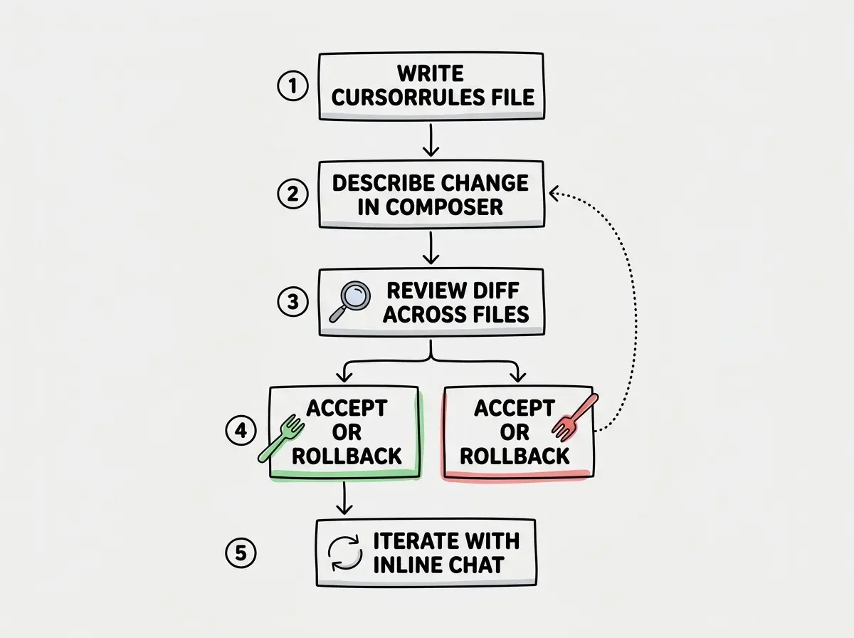 EXPLAINER DIAGRAM: A vertical flowchart showing the ideal Cursor workflow. Step 1 at top is labeled WRITE CURSORRULES FILE with a document icon. Step 2 is labeled DESCRIBE CHANGE IN COMPOSER with a chat bubble icon. Step 3 is labeled REVIEW DIFF ACROSS FILES with a magnifying glass icon. Step 4 is labeled ACCEPT OR ROLLBACK with a fork-in-the-road icon showing two paths, one green (accept) and one red (rollback to checkpoint). Step 5 at bottom is labeled ITERATE WITH INLINE CHAT with a loop arrow. Arrows flow downward between steps, with a dotted arrow from the rollback path back up to Step 2.