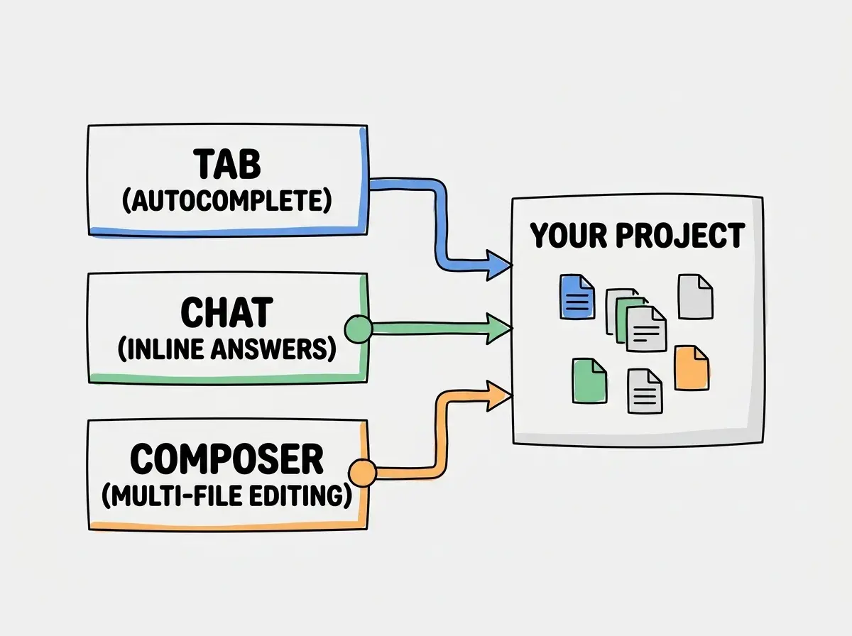 EXPLAINER DIAGRAM: A two-column layout showing Cursor's three AI modes. Left column has three stacked boxes labeled TAB (with subtitle autocomplete and multi-line predictions), CHAT (with subtitle ask questions and get inline answers), and COMPOSER (with subtitle multi-file creation and editing). Right column shows a single tall box labeled YOUR PROJECT with file icons inside, and three arrows pointing from each left-column box into the project box, indicating all three modes operate on the same codebase context.