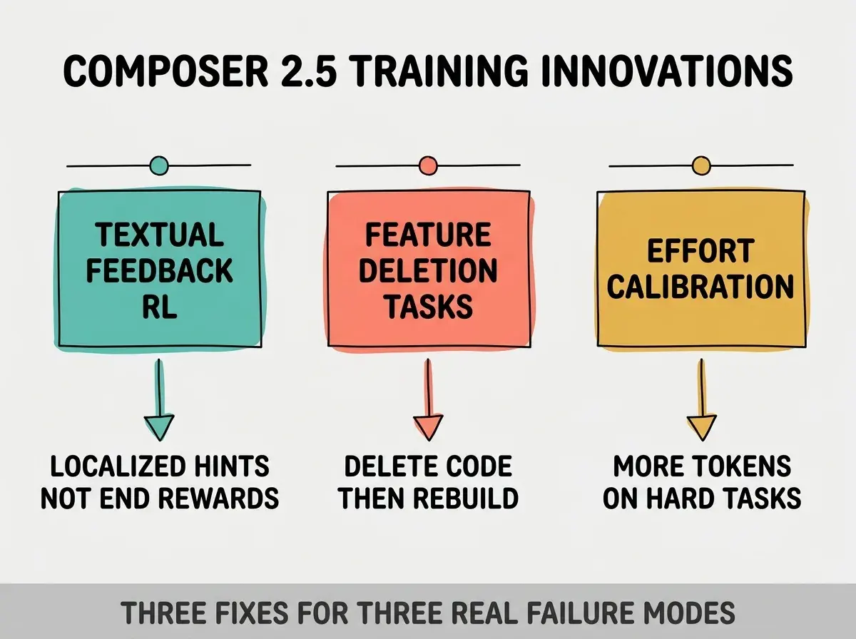 EXPLAINER DIAGRAM: Three column layout on light gray background. Title at top: COMPOSER 2.5 TRAINING INNOVATIONS. Left column teal box labeled TEXTUAL FEEDBACK RL with arrow pointing down to label LOCALIZED HINTS NOT END REWARDS. Center column coral box labeled FEATURE DELETION TASKS with arrow down to label DELETE CODE THEN REBUILD. Right column golden box labeled EFFORT CALIBRATION with arrow down to label MORE TOKENS ON HARD TASKS. All three columns same height. Footer text in dark gray: THREE FIXES FOR THREE REAL FAILURE MODES.