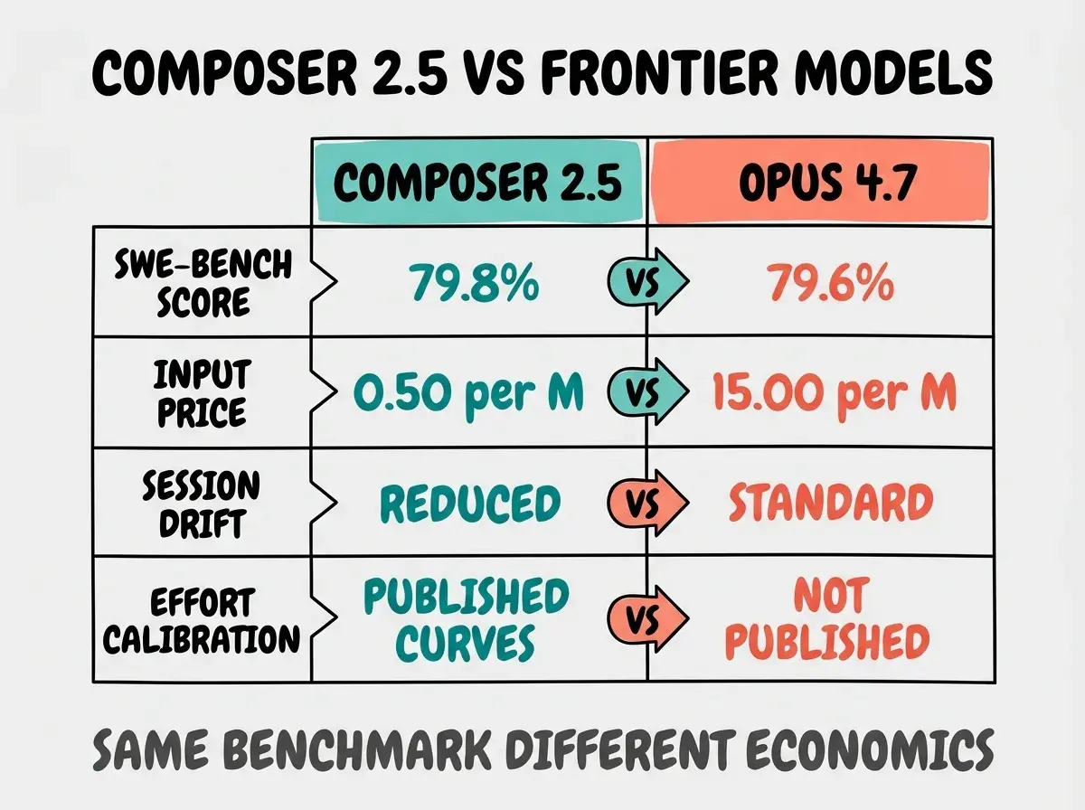 EXPLAINER DIAGRAM: Two-column comparison table on light gray background. Title at top in bold black: COMPOSER 2.5 VS FRONTIER MODELS. Left column header COMPOSER 2.5 in teal. Right column header OPUS 4.7 in coral. Row 1: label SWE-BENCH SCORE with value 79.8% teal vs 79.6% coral. Row 2: label INPUT PRICE with value 0.50 per M teal vs 15.00 per M coral. Row 3: label SESSION DRIFT with value REDUCED teal vs STANDARD coral. Row 4: label EFFORT CALIBRATION with value PUBLISHED CURVES teal vs NOT PUBLISHED coral. Footer: SAME BENCHMARK DIFFERENT ECONOMICS in dark gray.