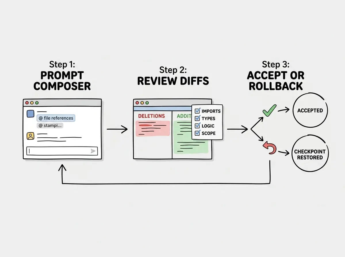 EXPLAINER DIAGRAM: A horizontal three-step workflow. Step 1 labeled PROMPT COMPOSER shows a chat interface with a multi-file request and @ file references. Step 2 labeled REVIEW DIFFS shows a split-pane diff view with green additions and red deletions, with a checklist overlay: IMPORTS, TYPES, LOGIC, SCOPE. Step 3 labeled ACCEPT OR ROLLBACK shows two paths: a green checkmark leading to ACCEPTED CHANGES and a red undo arrow leading to CHECKPOINT RESTORED. Below the three steps, a loop arrow from Step 3 back to Step 1 labeled TRY AGAIN WITH TIGHTER SCOPE.