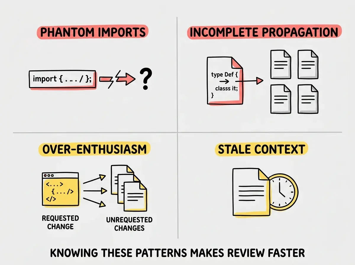 EXPLAINER DIAGRAM: A two-by-two grid of failure modes. Top-left box labeled PHANTOM IMPORTS in red shows a file icon with a broken import arrow pointing to a question mark, text reads AI invents imports that do not exist. Top-right box labeled INCOMPLETE PROPAGATION in red shows a type definition changing in one file but three connected files showing stale types, text reads type changed in one file but not all consumers. Bottom-left box labeled OVER-ENTHUSIASM in yellow shows a diff with one requested change highlighted green and three unrequested changes highlighted orange, text reads AI improves code you did not ask about. Bottom-right box labeled STALE CONTEXT in yellow shows a file icon with a clock overlay, text reads Composer works from saved version not your current edits. Footer: KNOWING THESE PATTERNS MAKES REVIEW FASTER AND MORE RELIABLE.