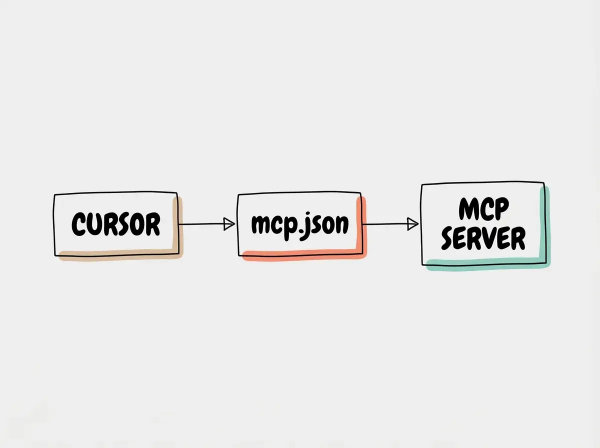 Simple conceptual diagram with separate boxes labeled CURSOR, mcp.json, MCP SERVER. Use exactly these labels and no other text. No statistics, numbers, code, or rankings.