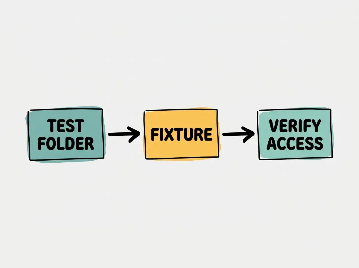 Simple conceptual diagram with separate boxes labeled TEST FOLDER, FIXTURE, VERIFY ACCESS. Use exactly these labels and no other text. No statistics, numbers, code, or rankings.
