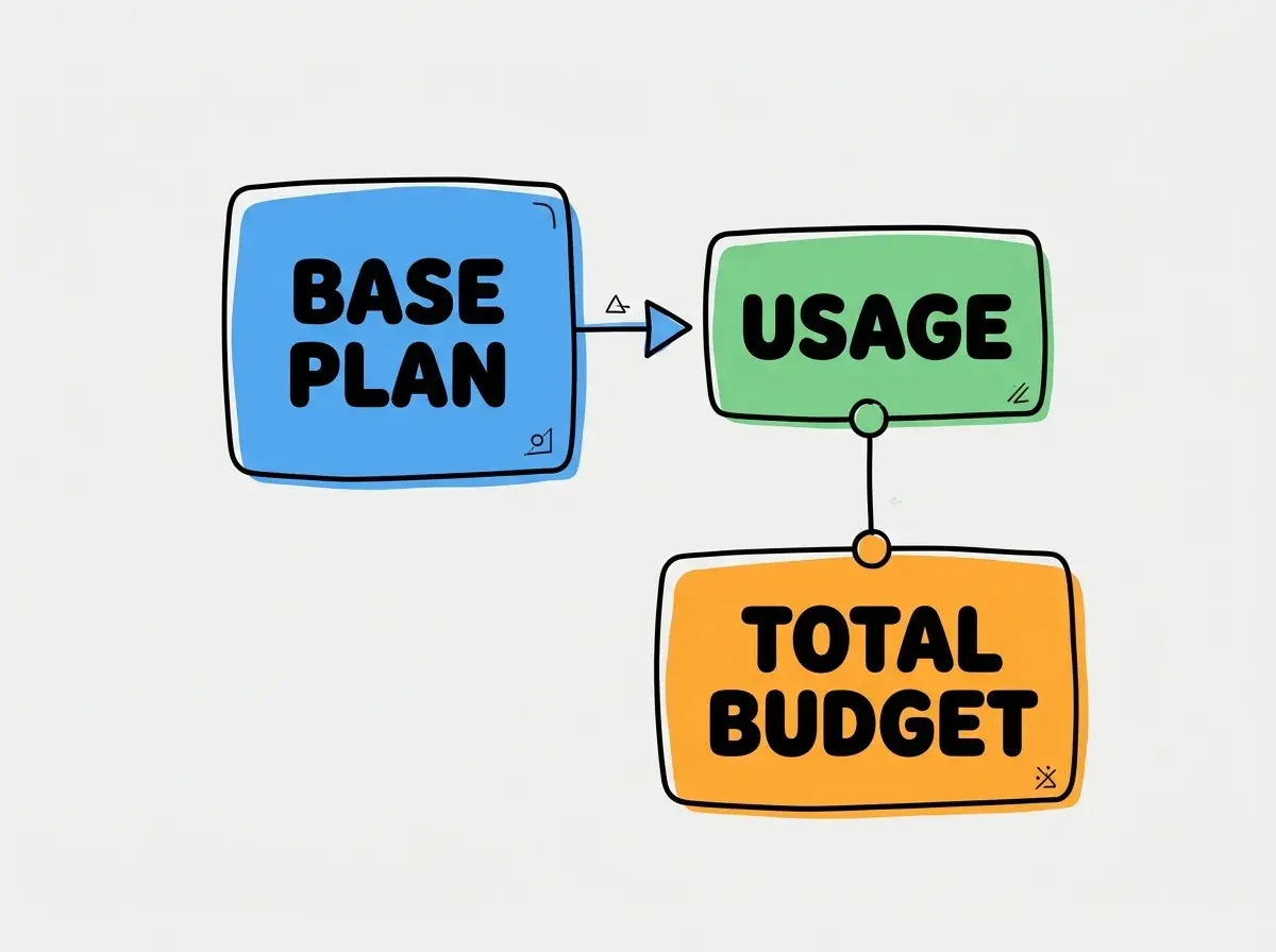 Simple conceptual diagram with separate boxes labeled BASE PLAN, USAGE, TOTAL BUDGET. Exactly these labels and no other text. No statistics or numbers.