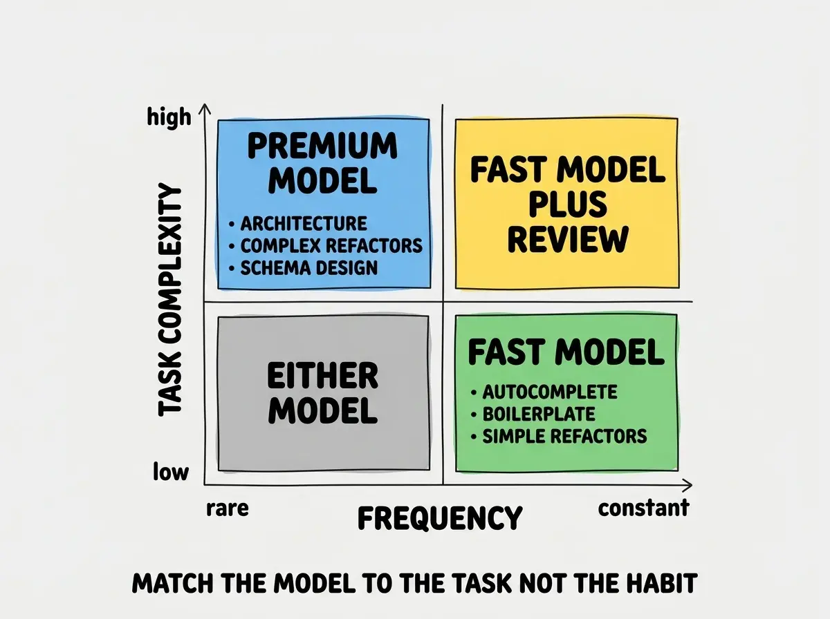 EXPLAINER DIAGRAM: A two-by-two matrix with axes labeled TASK COMPLEXITY on the vertical axis (low at bottom, high at top) and FREQUENCY on the horizontal axis (rare at left, constant at right). Bottom-right quadrant is labeled FAST MODEL and contains items: autocomplete, boilerplate, simple refactors, and has a green background. Top-left quadrant is labeled PREMIUM MODEL and contains items: architecture, complex refactors, schema design, and has a blue background. Top-right quadrant is labeled FAST MODEL PLUS REVIEW and has a yellow background. Bottom-left quadrant is labeled EITHER MODEL and has a gray background. A subtitle below the matrix reads MATCH THE MODEL TO THE TASK NOT THE HABIT.