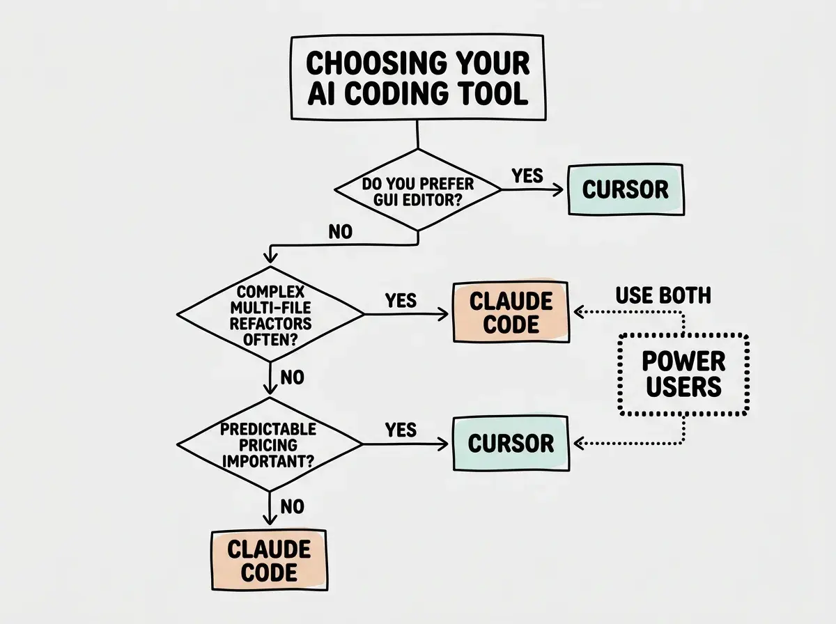 EXPLAINER DIAGRAM: A decision tree flowchart. Starting node at the top reads CHOOSING YOUR AI CODING TOOL. First diamond decision node reads DO YOU PREFER A GUI EDITOR. YES arrow leads right to a box reading CURSOR with subtext VISUAL DIFFS AND INLINE SUGGESTIONS. NO arrow leads down to second diamond reading DO YOU DO COMPLEX MULTI-FILE REFACTORS OFTEN. YES arrow leads right to a box reading CLAUDE CODE with subtext AUTONOMOUS AGENT AND TERMINAL WORKFLOW. NO arrow leads down to third diamond reading IS PREDICTABLE PRICING IMPORTANT. YES arrow leads right to the CURSOR box. NO arrow leads to the CLAUDE CODE box. A dotted box at the bottom reads POWER USERS and points to both tool boxes with the label USE BOTH.
