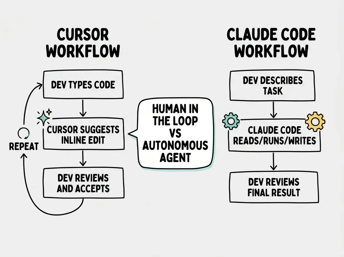 EXPLAINER DIAGRAM: A two-column comparison layout. Left column header reads CURSOR WORKFLOW. It shows three stacked boxes connected by downward arrows: DEV TYPES CODE at top, CURSOR SUGGESTS INLINE EDIT in the middle with a sparkle icon, DEV REVIEWS AND ACCEPTS at bottom. A circular arrow connects the bottom box back to the top, labeled REPEAT. Right column header reads CLAUDE CODE WORKFLOW. It shows three stacked boxes connected by downward arrows: DEV DESCRIBES TASK at top, CLAUDE CODE READS FILES AND RUNS COMMANDS AND WRITES CODE in the middle with a gear icon, DEV REVIEWS FINAL RESULT at bottom. A key difference callout between the two columns reads HUMAN IN THE LOOP VS AUTONOMOUS AGENT.