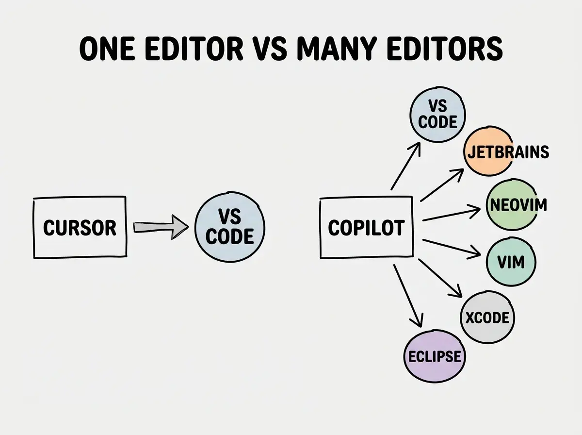 EXPLAINER DIAGRAM: Left side shows a box labeled CURSOR with one arrow pointing to VS CODE. Right side shows a box labeled COPILOT with six arrows fanning out to VS CODE, JETBRAINS, NEOVIM, VIM, XCODE, and ECLIPSE. Label reads ONE EDITOR VS MANY EDITORS.