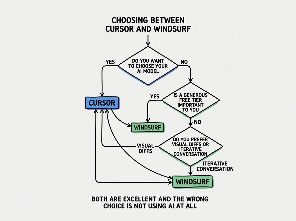 EXPLAINER DIAGRAM: A decision flowchart. Starting node at top reads CHOOSING BETWEEN CURSOR AND WINDSURF. First diamond reads DO YOU WANT TO CHOOSE YOUR AI MODEL. YES arrow leads to a box labeled CURSOR. NO arrow leads to second diamond reading IS A GENEROUS FREE TIER IMPORTANT TO YOU. YES arrow leads to a box labeled WINDSURF. NO arrow leads to third diamond reading DO YOU PREFER VISUAL DIFFS OR ITERATIVE CONVERSATION. VISUAL DIFFS arrow leads to CURSOR box. ITERATIVE CONVERSATION arrow leads to WINDSURF box. A note at the bottom reads BOTH ARE EXCELLENT AND THE WRONG CHOICE IS NOT USING AI AT ALL.