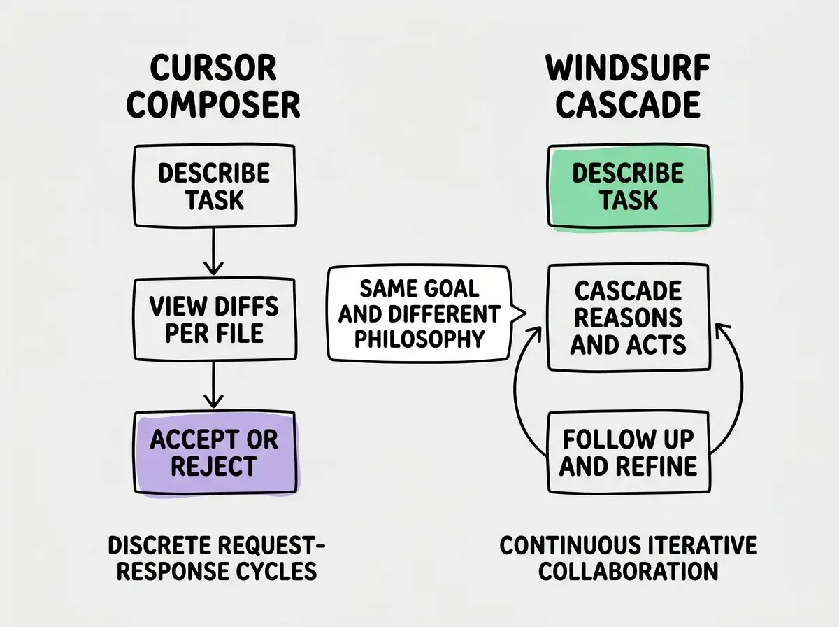EXPLAINER DIAGRAM: A two-column comparison. Left column header reads CURSOR COMPOSER. Shows a linear flow of three boxes connected by arrows: DESCRIBE TASK at top, VIEW DIFFS PER FILE in middle, ACCEPT OR REJECT at bottom. A note below reads DISCRETE REQUEST-RESPONSE CYCLES. Right column header reads WINDSURF CASCADE. Shows a circular flow of three boxes: DESCRIBE TASK at top, CASCADE REASONS AND ACTS in middle, FOLLOW UP AND REFINE at bottom, with a curved arrow from bottom back to middle. A note below reads CONTINUOUS ITERATIVE COLLABORATION. A callout between the columns reads SAME GOAL AND DIFFERENT PHILOSOPHY.