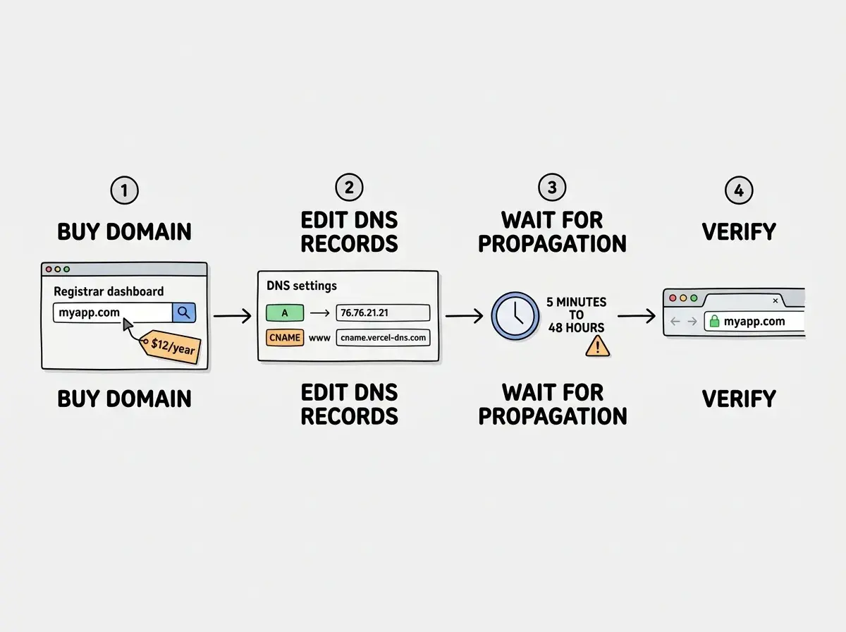 EXPLAINER DIAGRAM: A horizontal flow showing the domain purchase and connection process. Step 1 labeled BUY DOMAIN shows a registrar dashboard with a search bar containing myapp.com and a price tag showing $12/year. Step 2 labeled EDIT DNS RECORDS shows a DNS settings panel with two rows: an A record pointing to an IP address 76.76.21.21 and a CNAME record pointing www to cname.vercel-dns.com. Step 3 labeled WAIT FOR PROPAGATION shows a clock icon with the text 5 MINUTES TO 48 HOURS and a warning triangle. Step 4 labeled VERIFY shows a browser address bar with a green padlock and myapp.com. Arrows connect each step left to right.