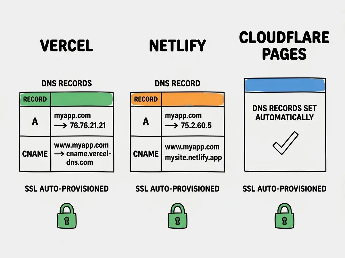 EXPLAINER DIAGRAM: A three-column comparison showing the DNS setup for each hosting platform. Column 1 labeled VERCEL shows a DNS records table with two rows: A record for myapp.com pointing to 76.76.21.21, and CNAME record for www.myapp.com pointing to cname.vercel-dns.com, with a note below saying SSL AUTO-PROVISIONED. Column 2 labeled NETLIFY shows a similar table: A record for myapp.com pointing to 75.2.60.5, and CNAME record for www.myapp.com pointing to mysite.netlify.app, with the same SSL note. Column 3 labeled CLOUDFLARE PAGES shows a simplified panel with text DNS RECORDS SET AUTOMATICALLY and a checkmark, with the same SSL note. All three columns have a green padlock icon at the bottom.