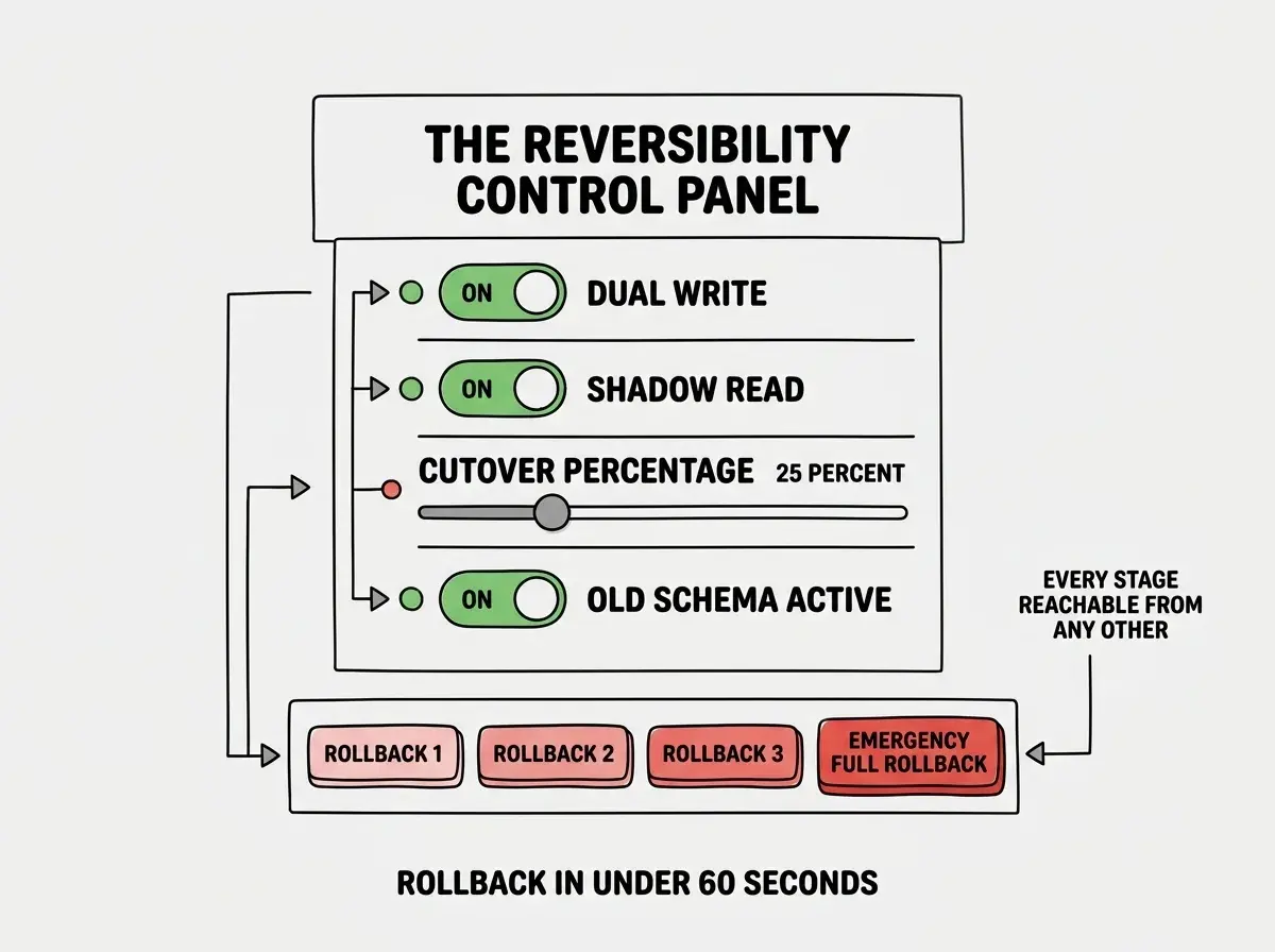 EXPLAINER DIAGRAM titled THE REVERSIBILITY CONTROL PANEL shown as a mock dashboard on a slate background. The dashboard has four toggle switches stacked vertically with status indicators. Switch 1 labeled DUAL WRITE with status ON in green. Switch 2 labeled SHADOW READ with status ON in green. Switch 3 labeled CUTOVER PERCENTAGE with a slider showing 25 PERCENT and a value indicator. Switch 4 labeled OLD SCHEMA ACTIVE with status ON in green. Below the panel a row of four buttons labeled ROLLBACK 1, ROLLBACK 2, ROLLBACK 3, EMERGENCY FULL ROLLBACK with each button progressively larger and redder. A side annotation reads EVERY MIGRATION STAGE IS REACHABLE FROM ANY OTHER. Footer reads ROLLBACK SHOULD TAKE LESS THAN 60 SECONDS.