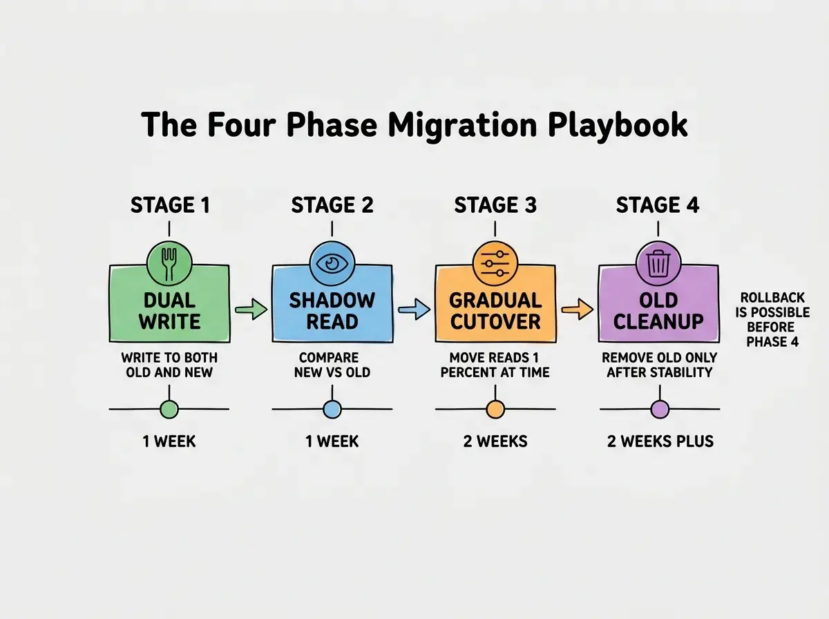 EXPLAINER DIAGRAM titled THE FOUR PHASE MIGRATION PLAYBOOK shown as a horizontal flow on a slate background with four colored stages connected by arrows. Stage 1 in green labeled DUAL WRITE with a fork icon, sublabel WRITE TO BOTH OLD AND NEW, sublabel TYPICAL DURATION 1 WEEK. Stage 2 in blue labeled SHADOW READ with an eye icon, sublabel COMPARE NEW VS OLD, sublabel TYPICAL DURATION 1 WEEK. Stage 3 in orange labeled GRADUAL CUTOVER with a slider icon, sublabel MOVE READS ONE PERCENT AT A TIME, sublabel TYPICAL DURATION 2 WEEKS. Stage 4 in purple labeled OLD CLEANUP with a trash icon, sublabel REMOVE OLD ONLY AFTER STABILITY, sublabel TYPICAL DURATION 2 WEEKS PLUS. A side annotation reads ROLLBACK IS POSSIBLE AT ANY POINT BEFORE PHASE 4. Footer reads NEVER SKIP A PHASE, EACH ONE CATCHES DIFFERENT BUGS.
