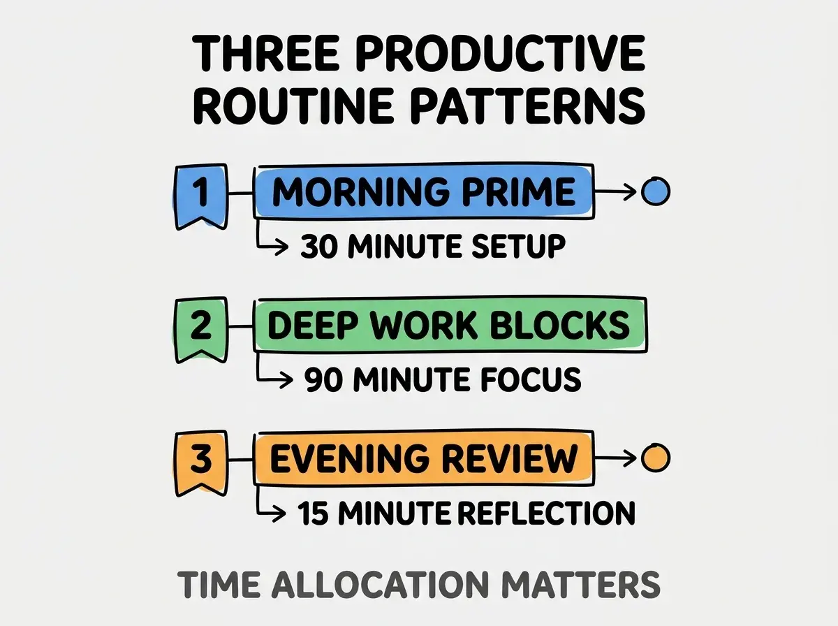 Clean modern flat infographic on light gray background. Top title bold black: THREE PRODUCTIVE ROUTINE PATTERNS. Single vertical numbered list with three rows. Row 1 blue badge MORNING PRIME with subtitle 30 MINUTE SETUP. Row 2 green badge DEEP WORK BLOCKS with subtitle 90 MINUTE FOCUS. Row 3 orange badge EVENING REVIEW with subtitle 15 MINUTE REFLECTION. Footer text dark gray: TIME ALLOCATION MATTERS. Each label appears exactly once. No duplicated text.