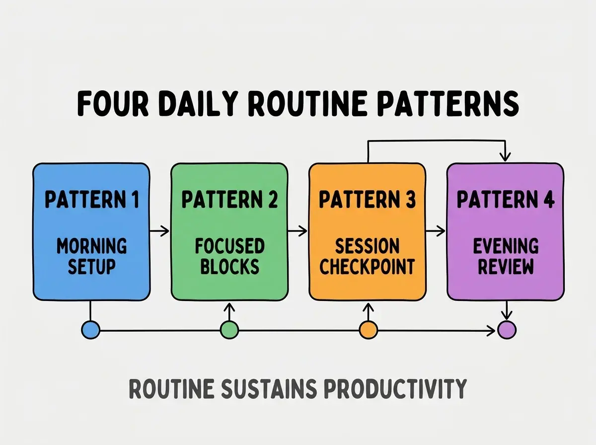 Clean modern flat infographic on light gray background. Top center bold black title text: FOUR DAILY ROUTINE PATTERNS. Below title, four equal sized colored rounded rectangle cards arranged horizontally with arrows. Card 1 blue: large bold text PATTERN 1 then smaller text MORNING SETUP. Card 2 green: large bold text PATTERN 2 then smaller text FOCUSED BLOCKS. Card 3 orange: large bold text PATTERN 3 then smaller text SESSION CHECKPOINT. Card 4 purple: large bold text PATTERN 4 then smaller text EVENING REVIEW. Single footer line below cards in dark gray text: ROUTINE SUSTAINS PRODUCTIVITY. Nothing else on canvas. No text outside cards or below cards.