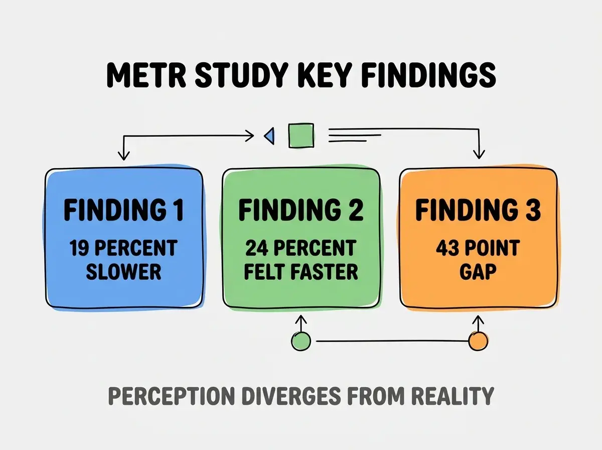 Clean modern flat infographic on light gray background. Top center bold black title text: METR STUDY KEY FINDINGS. Below title, three colored rounded rectangle cards arranged horizontally. Card 1 blue: large bold text FINDING 1 then smaller text 19 PERCENT SLOWER. Card 2 green: large bold text FINDING 2 then smaller text 24 PERCENT FELT FASTER. Card 3 orange: large bold text FINDING 3 then smaller text 43 POINT GAP. Single footer line below cards in dark gray text: PERCEPTION DIVERGES FROM REALITY. Nothing else on canvas. No text outside cards or below cards.