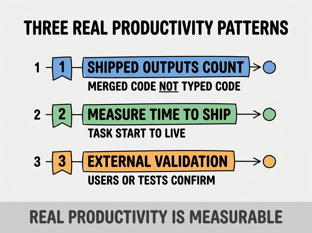 Clean modern flat infographic on light gray background. Top title bold black: THREE REAL PRODUCTIVITY PATTERNS. Single vertical numbered list with three rows. Row 1 blue badge SHIPPED OUTPUTS COUNT with subtitle MERGED CODE NOT TYPED CODE. Row 2 green badge MEASURE TIME TO SHIP with subtitle TASK START TO LIVE. Row 3 orange badge EXTERNAL VALIDATION with subtitle USERS OR TESTS CONFIRM. Footer text dark gray: REAL PRODUCTIVITY IS MEASURABLE. Each label appears exactly once. No duplicated text.
